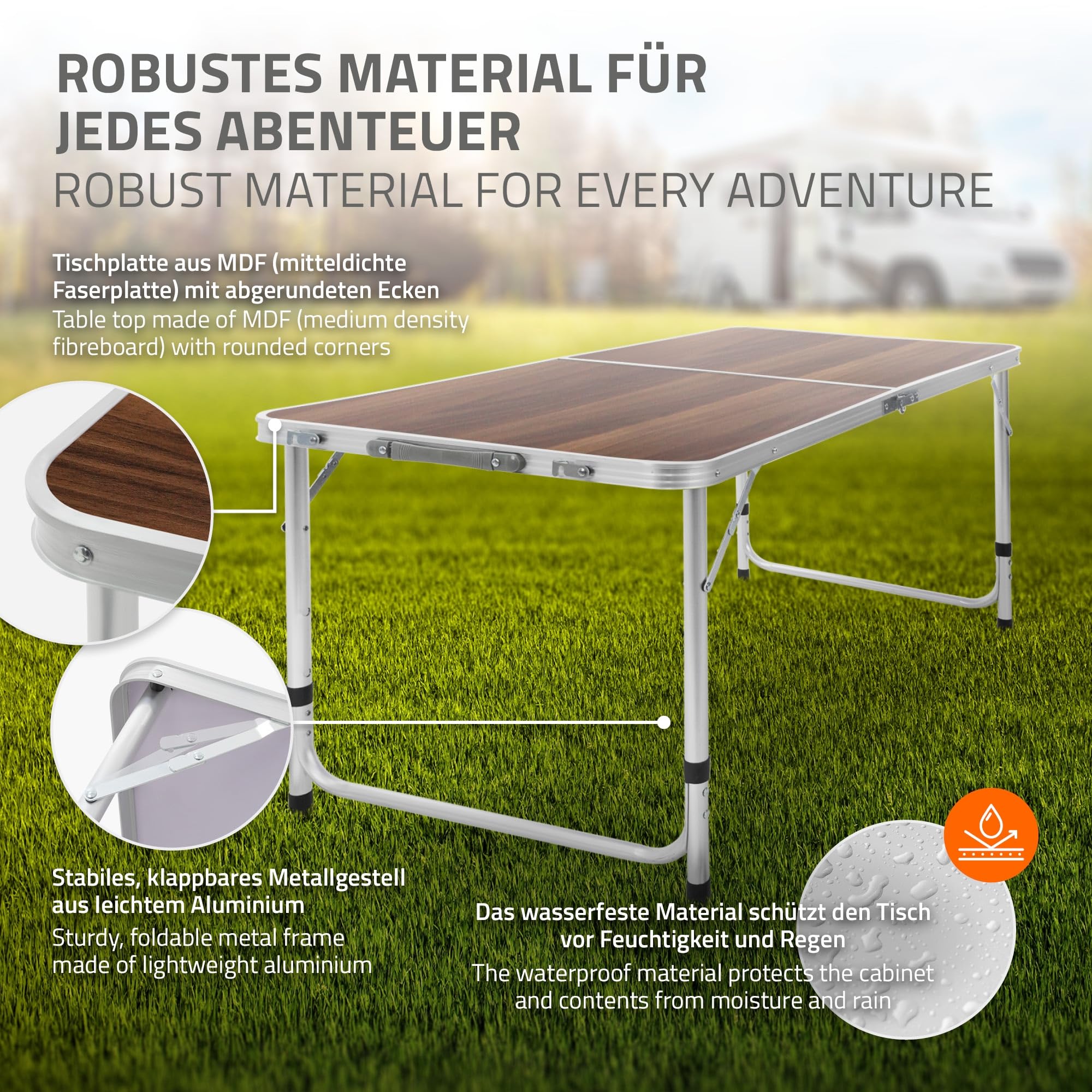 ECD Germany Table Pliante Transportable de Camping - 120 x 60 x 55/63/70 cm - Hauteur Réglable - en Aluminium et MDF - Marron - Table de Camping Jardin Barbecue Travail - Table pour Extérieur
