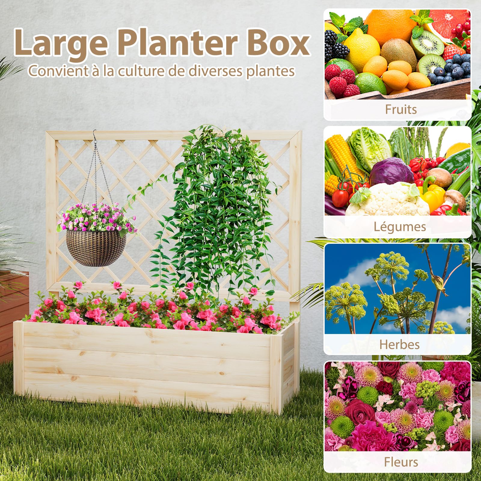COSTWAY Jardinière Surélevée avec Treillis en Bois de Sapin avec Trou de Drainage, Bac à Fleurs pour Plante Grimpante Vigne, Lit de Jardin Intérieur/Extérieur, Naturel (98 x 35 x 101 cm)