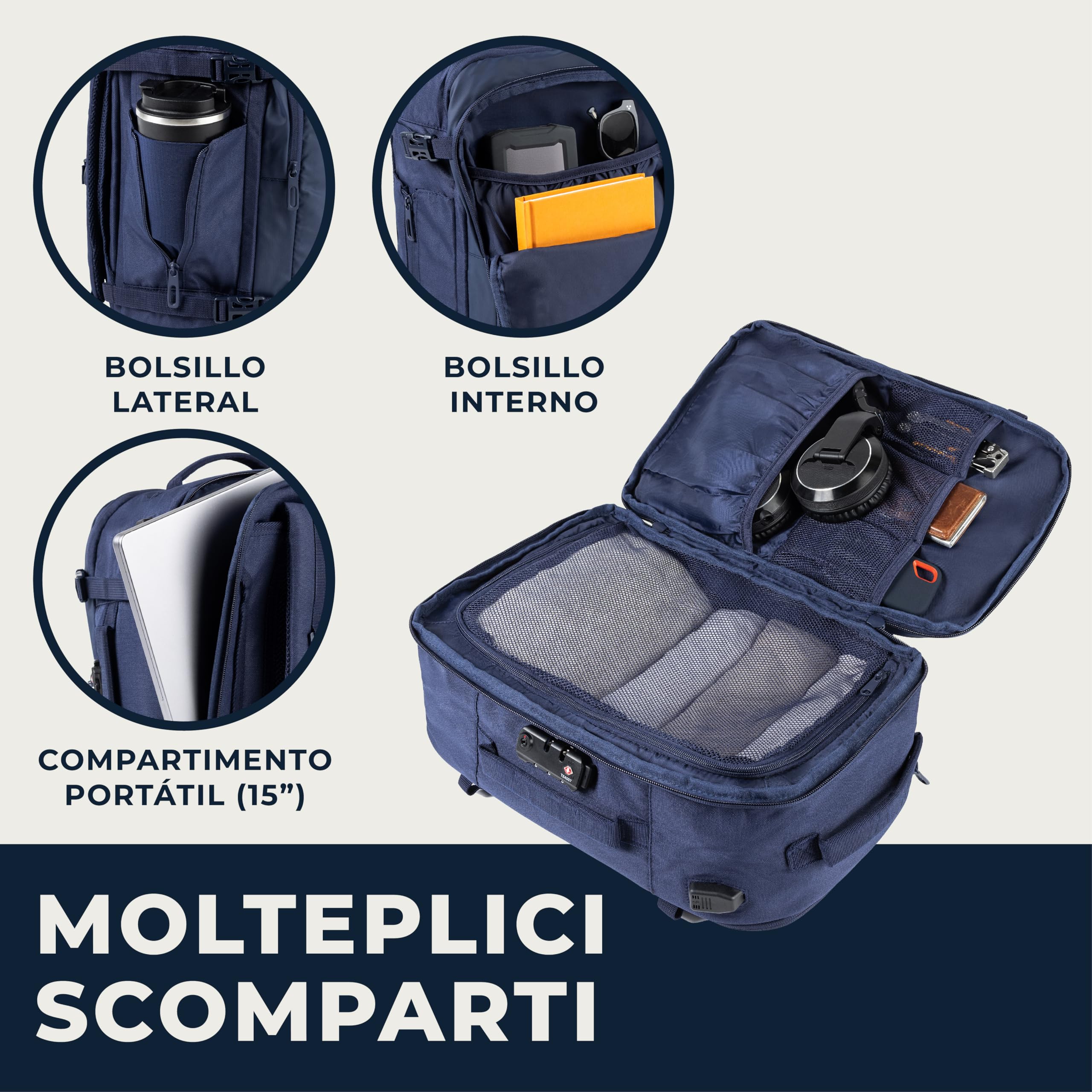 Zaino Bagaglio A Mano 40x20x25 Ryanair, Zaino Borsa 20L Voli Low Cost Easyjet - Blu Navy