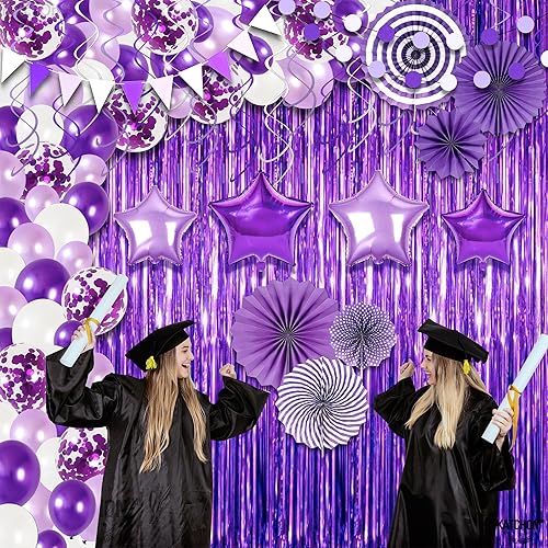 Miniatura 7 de Gran arco de globos de graduación púrpura 2022, paquete de 155 globos morados 2022, flecos de papel de aluminio púrpura, remolinos colgantes