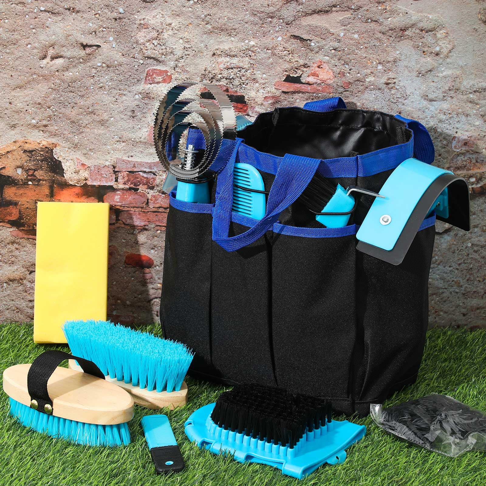 Abbylike Pferdepflegeset mit Organizer, Tragetasche, Putzzubehör, Pferdebürsten-Set, Pferdepflege, Reinigungsset, Fellpflege, Massagewerkzeuge (blau), 12-teilig