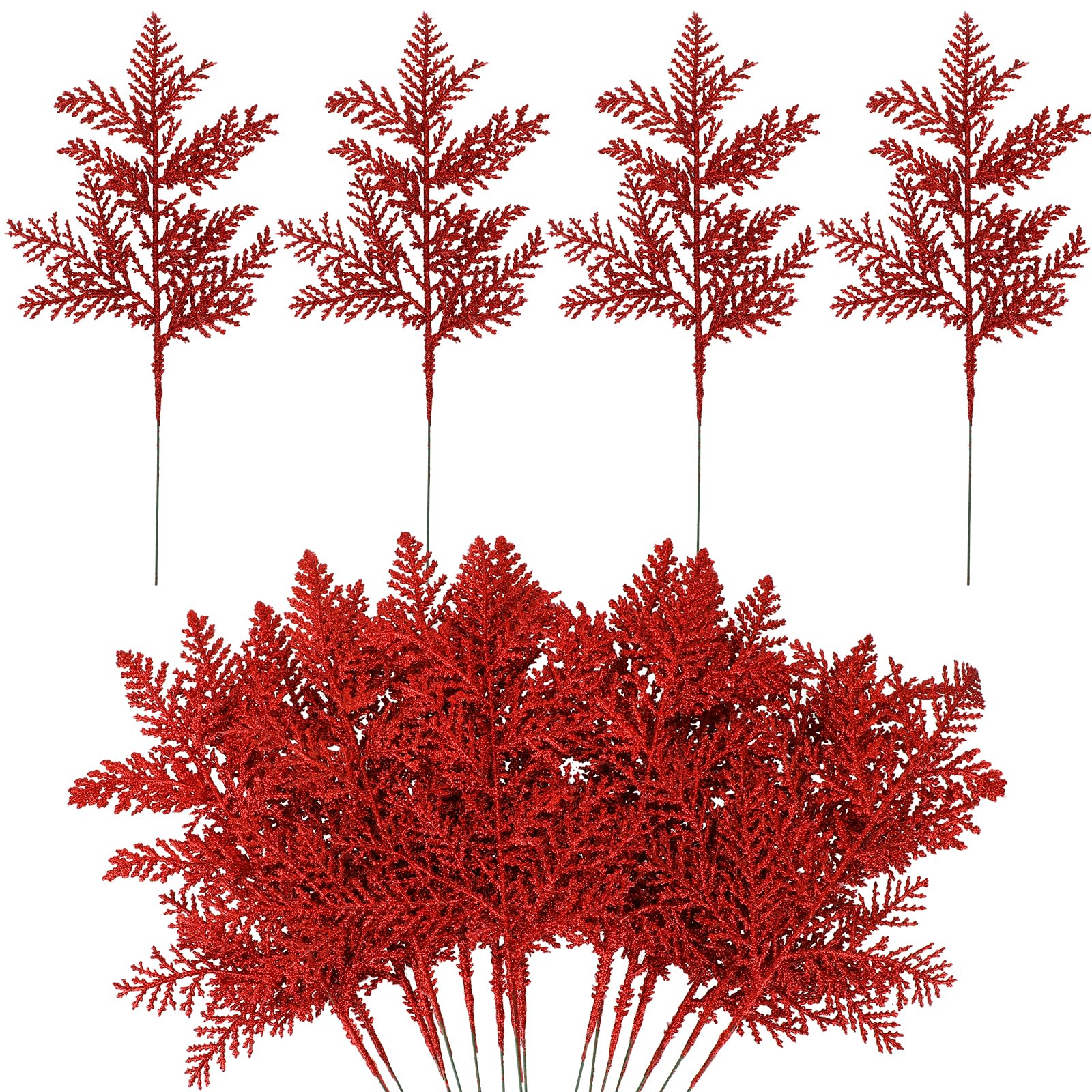 MWOOT 16 PCS Christmas Artificial Pine Needles Branches, Red Glitter Faux Pine Twigs for Centerpieces, Fake Christmas Tree Picks for DIY Garland Wreath Wedding Bouquet Table Home Garden Décor — image 1
