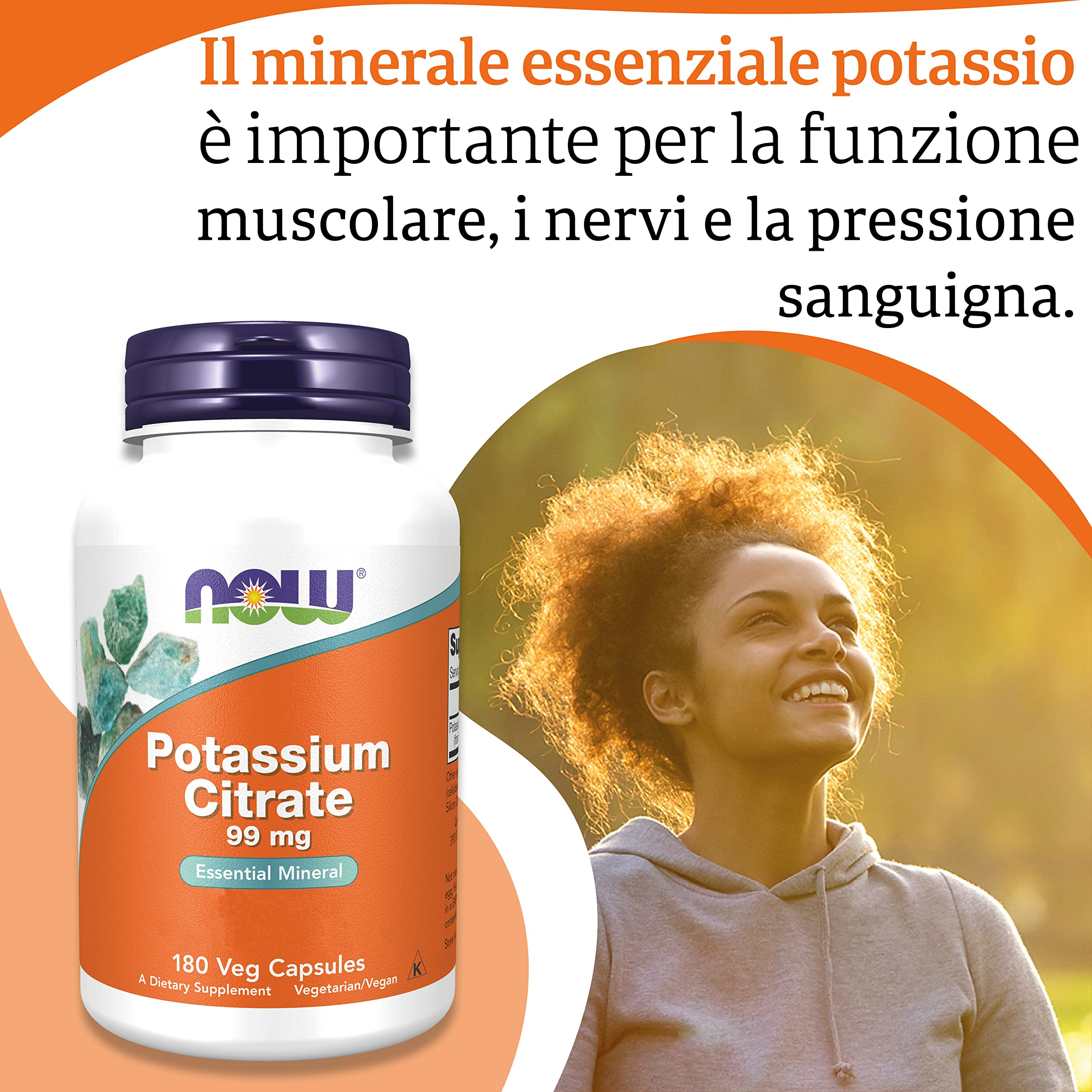 Now Foods, Potassium Citrate (Citrato di Potassio), 99 mg, 180 Capsule vegan, Testato in Laboratorio, Potassio, Minerali, Senza Glutine, Senza Soia, Vegetariano