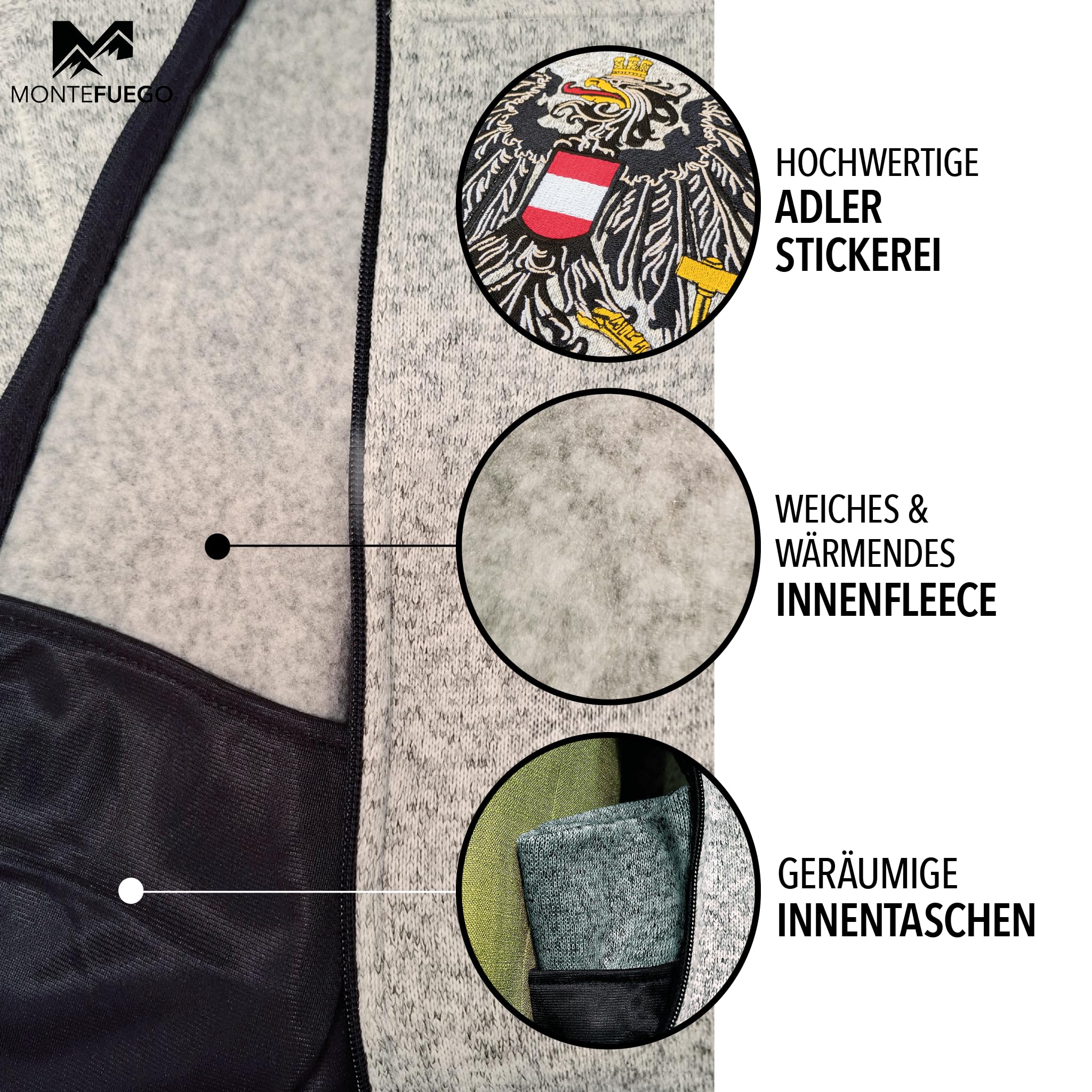 MONTE FUEGO Österreich Jacke Herren Grau mit Reißverschluss, Österreich Adler Stick, Fleecejacke Herren, Jacke Herren div. Größen, Übergangsjacke Herren