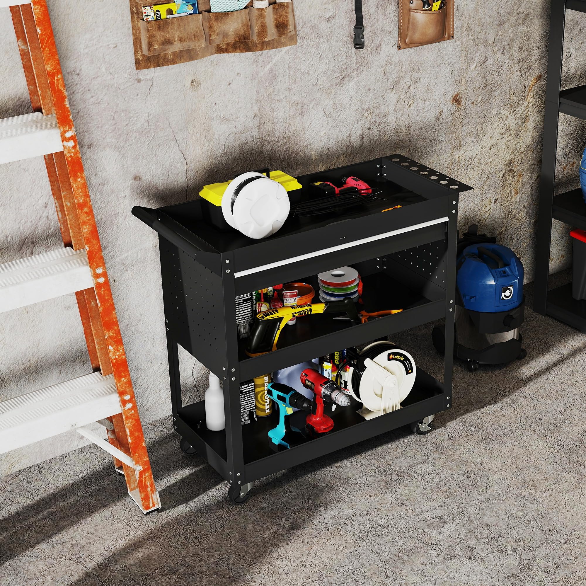DURHAND - Carro de taller para taller de 3 niveles con cajón, portaherramientas lateral y asa, sirve taller para garaje, almacén, herramientas de bricolaje, 82 x 35 x 76 cm, color negro