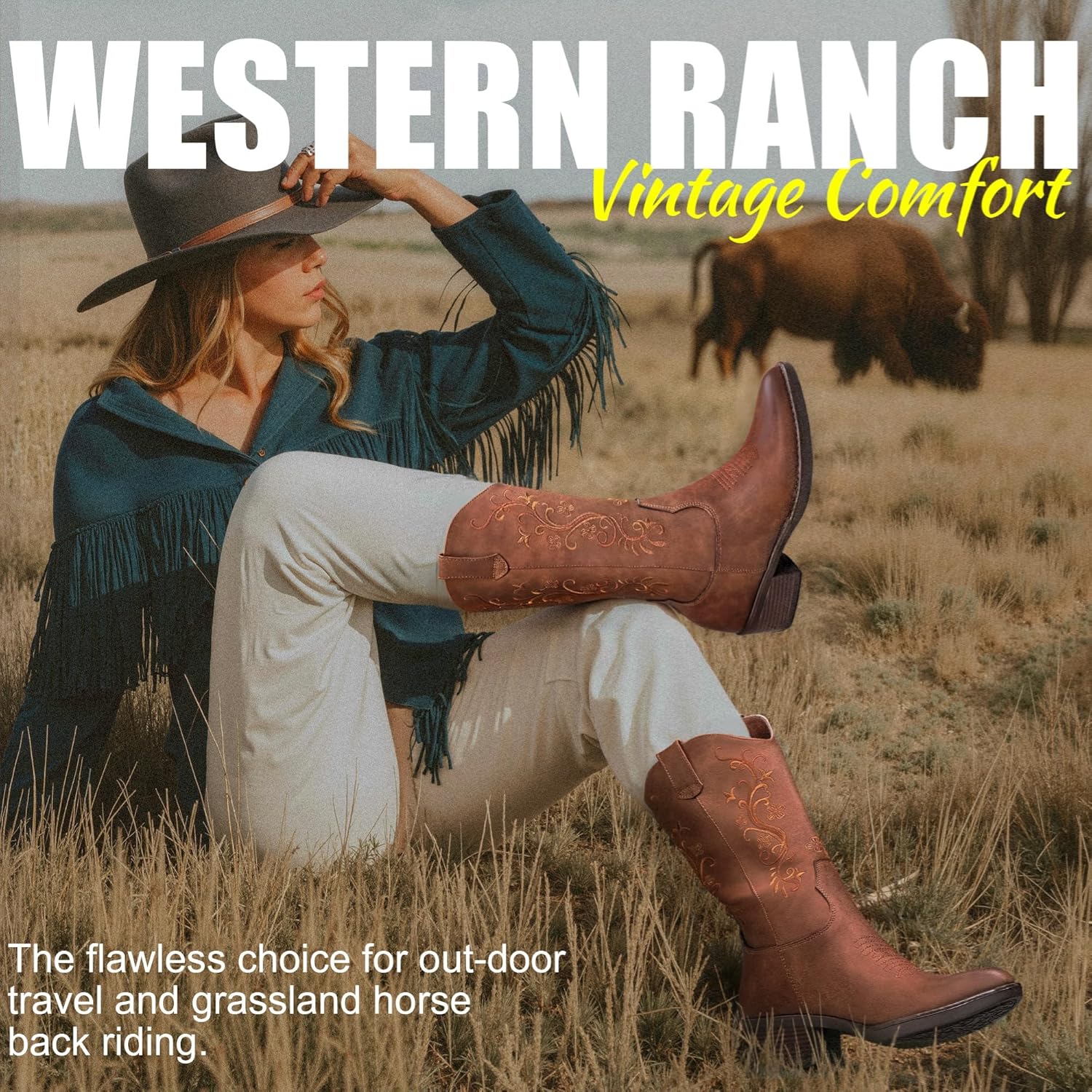 Vepose Women's Cowboy Boots, Embroidered Western Mid-Calf 9802 Cowgirl Boots, Pointed Toe Pull on Boots with Chunky Heel - Image 2