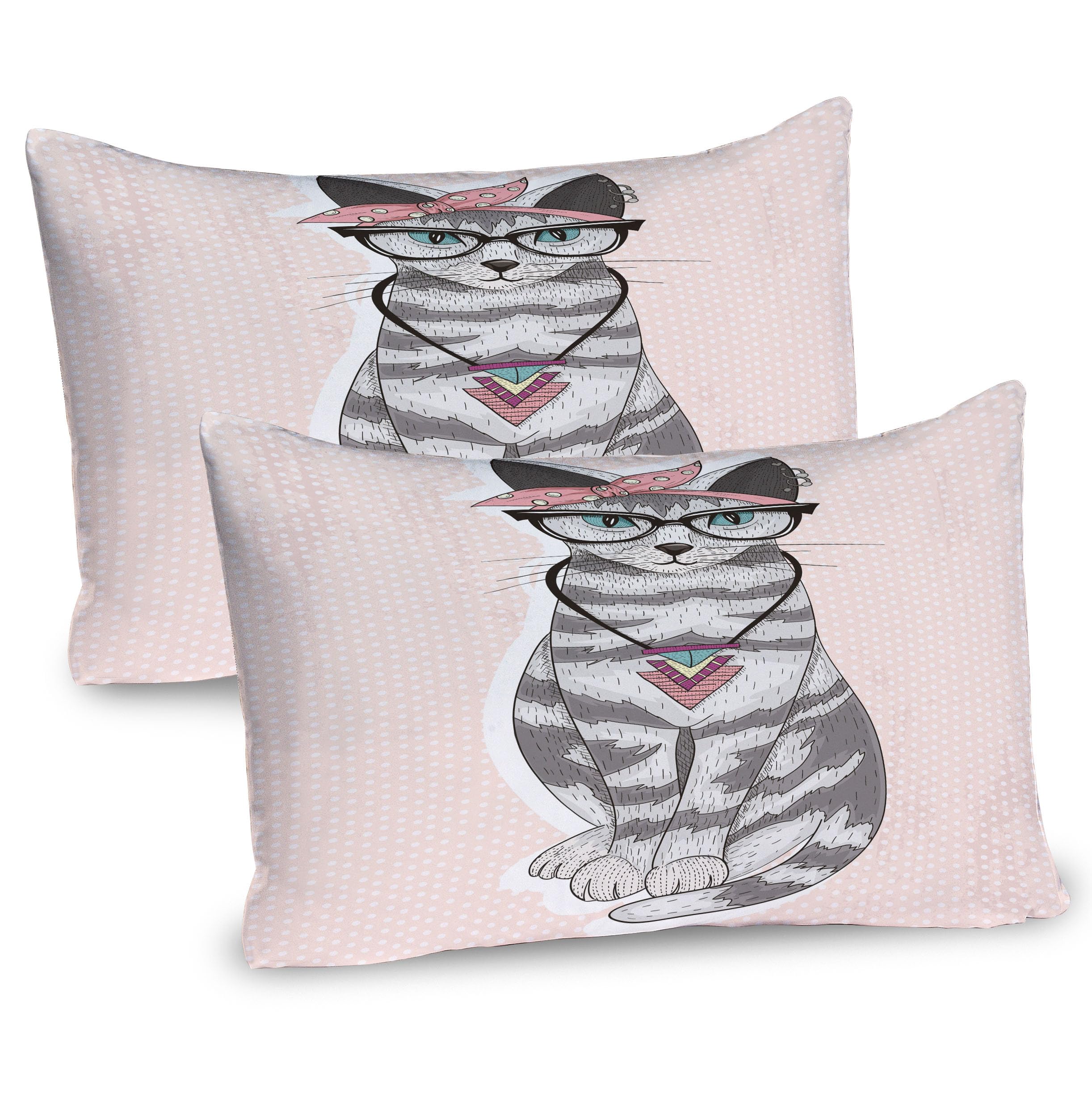 Ambesonne Cat Pillow Sham Set of 2, Pop Art Vibes Kitty Illustration with Glasses on Blushy Tone Polka Dotted Backdrop, Quality Microfiber Bedding Item for All Seasons, 36