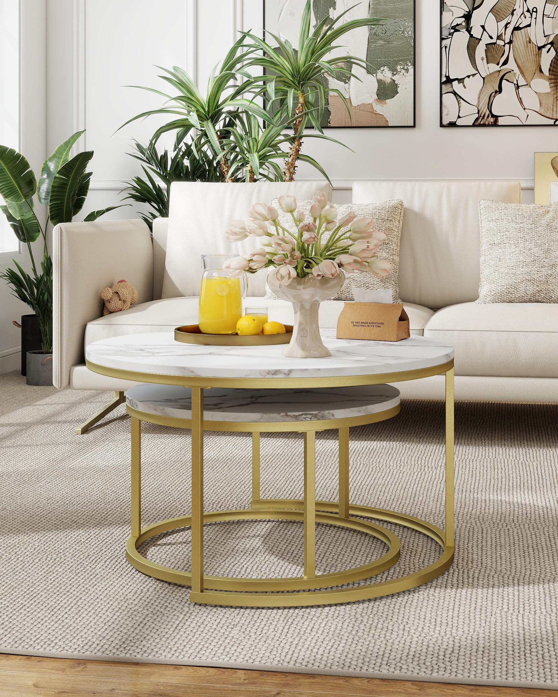 Table Basse Gigogne Effet Marbre Blanc Table Basse Blanche avec Cadre Doré, Tables Basses Rondes Ensemble de Tables d'Appoint Modernes pour Salon, Diamètre 80+60 cm