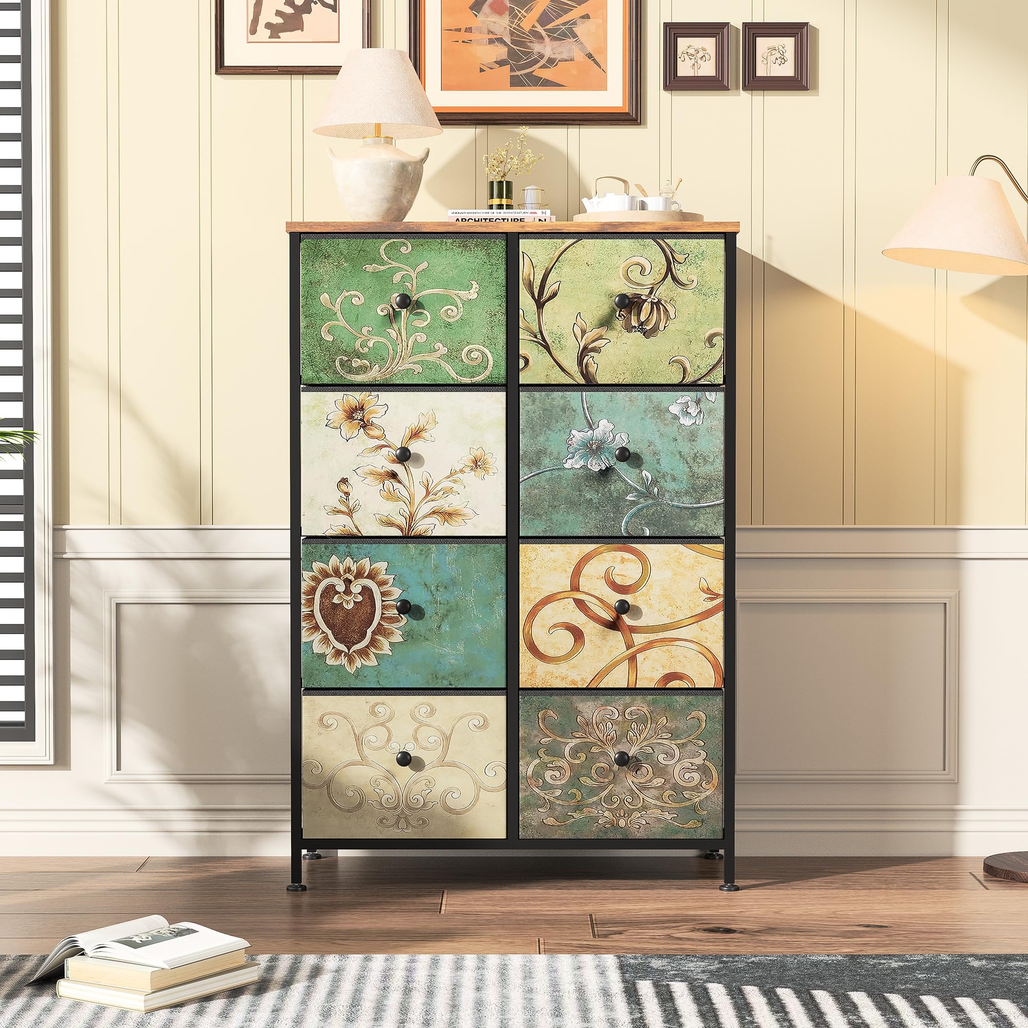 Commode à 8 Tiroirs en Tissu,Commode Chambre Adulte Armoire Tiroirs avec Plateau Bois et Cadre Métal,Meuble de Rangement pour Chambre d’Enfant, Salon et Couloir
