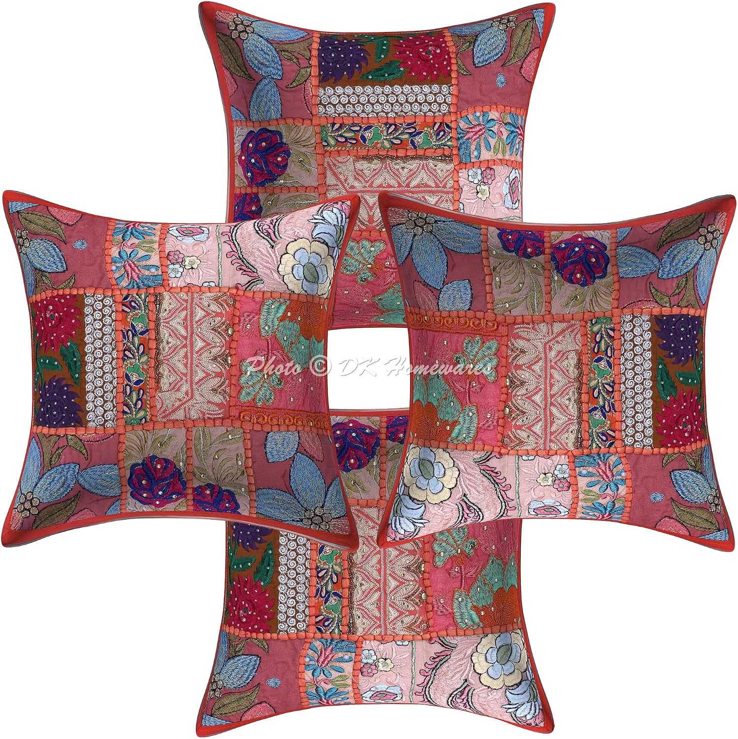 Indian Throw Cushion Covers 12x12 Inch Cotton Vintage Patchwork Ethnic Square Embroiderded Cushion Covers (Size - 30x30 cm ; Color: Orange) - Set of 4 Pcs (Cover Only)