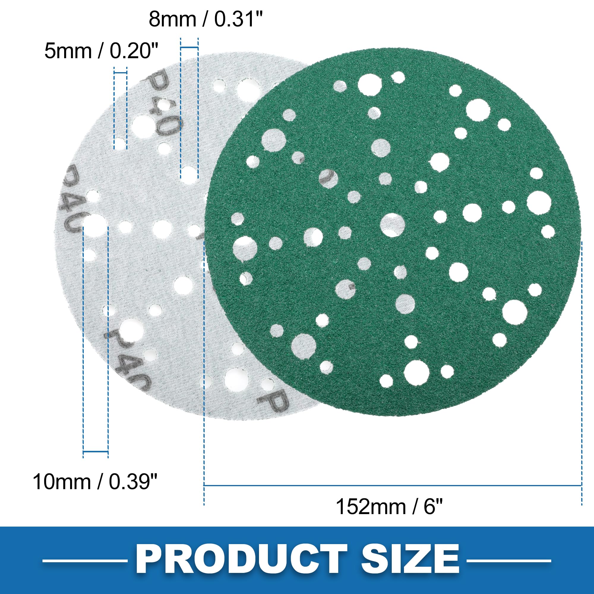 A ABSOPRO Sanding Discs 6 Inch 49 Hole 40 Grit Round Hook and Loop Sandpaper Aluminum Oxide Green 50pcs, 6" - Image 4