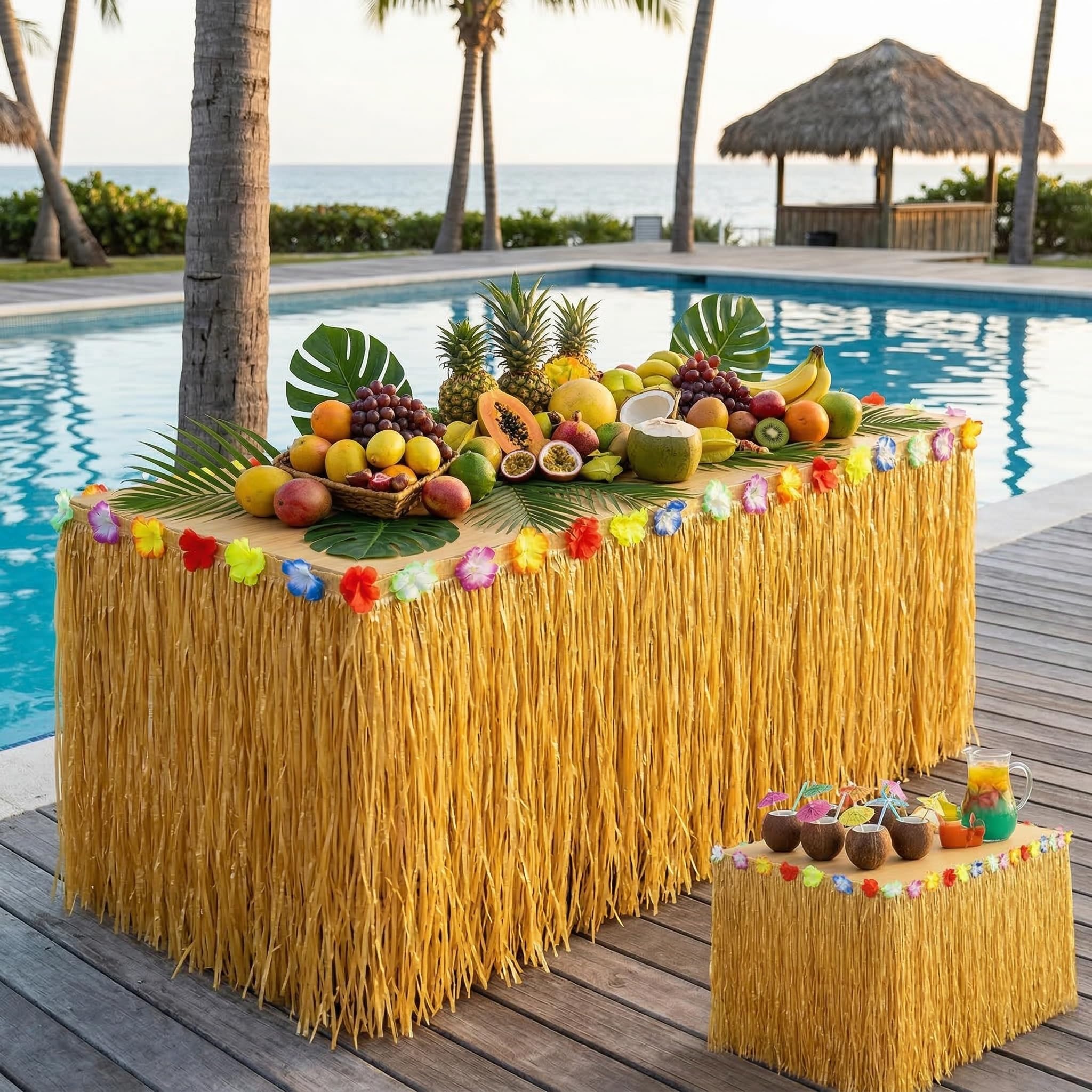 Set di 2 Tovaglie in Stile Hawaiano – 276 x 75 cm, Tovaglie di Paglia per Decorazioni Tropicali con Nastro Adesivo e Anelli Decorativi, Perfette per Feste a Tema Luau, Estive e da Spiaggia