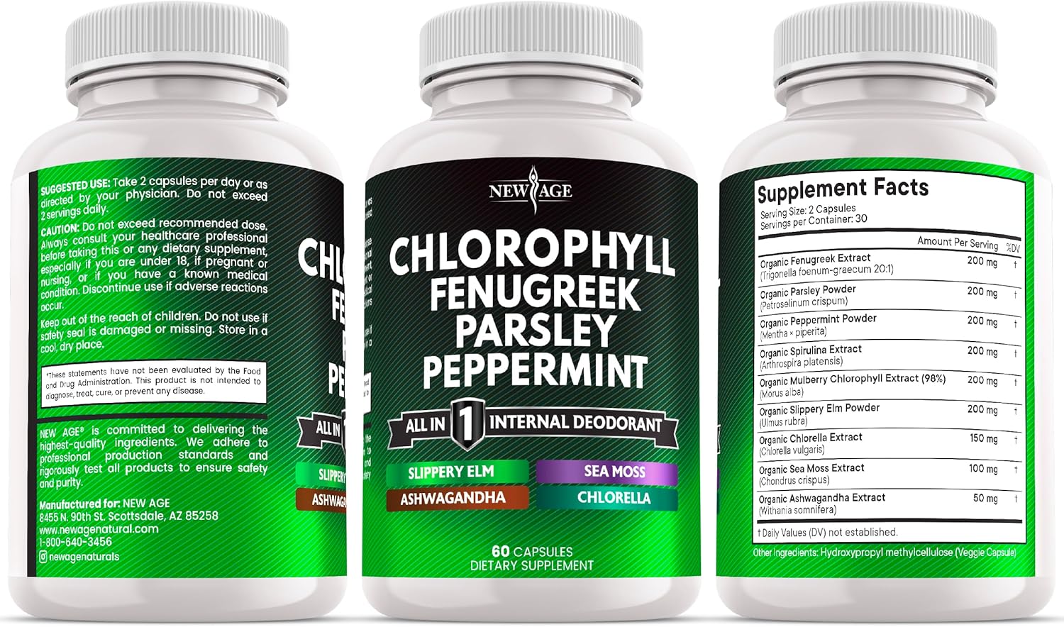 NEW AGE Chlorophyll Fenugreek Capsules - Supplement Internal Deodorant Peppermint- Fenugreek 20:1, Sea Moss, Parsley, Chlorella, Spirulina, Slippery Elm, Ashwagandha, All in 1 Greens- 120 Count - Image 7