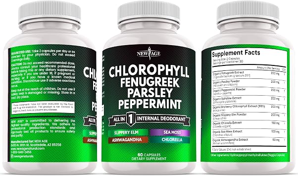 NEW AGE Chlorophyll Fenugreek Capsules - Supplement Internal Deodorant Peppermint- Fenugreek 20:1, Sea Moss, Parsley, Chlorella, Spirulina, Slippery Elm, Ashwagandha, All in 1 Greens- 120 Count