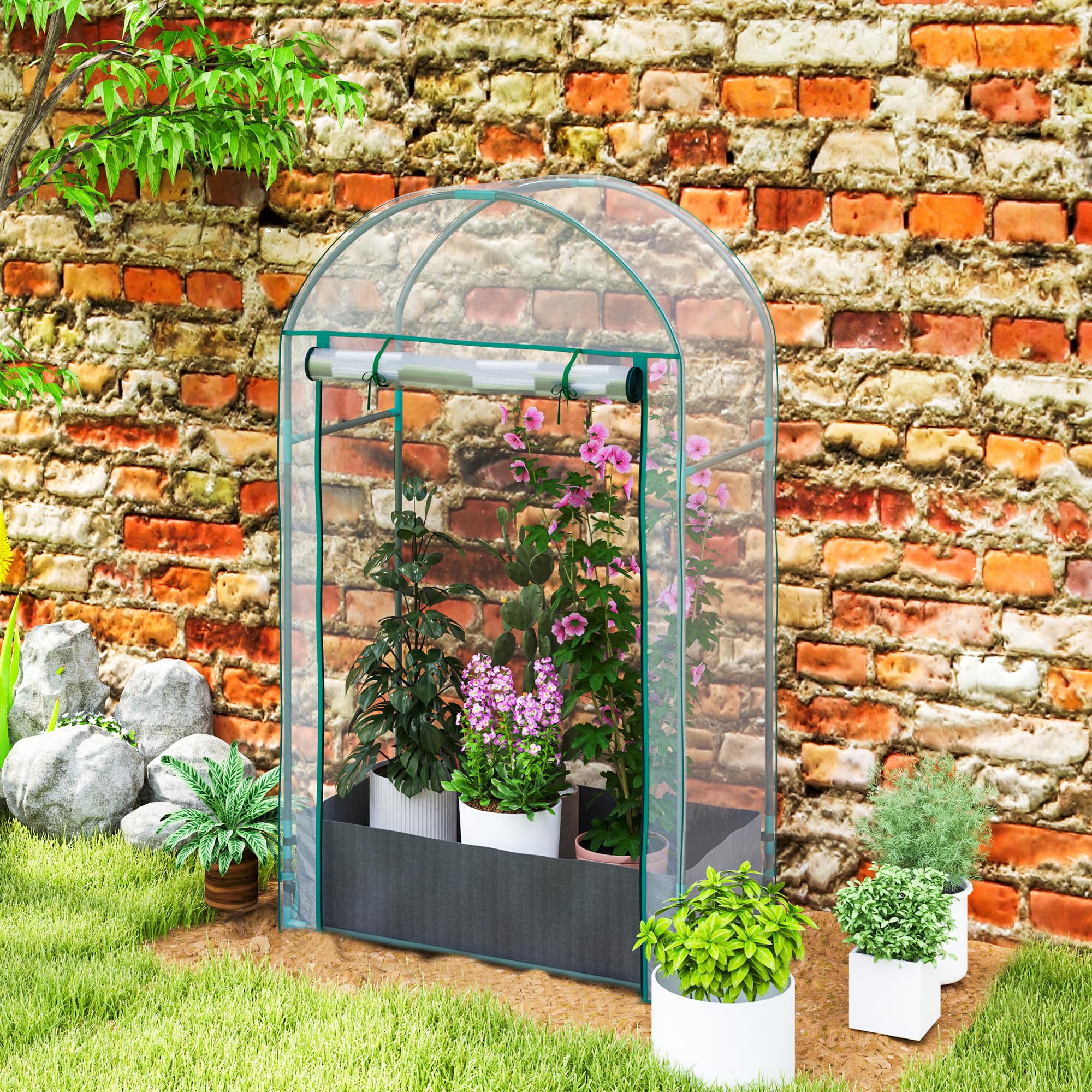 Outsunny Serre de Jardin, Serre de Balcon, Bâche Renforcée PVC, Châssis en Acier, Porte Zippée Enroulable avec Sac de Plantation, pour Légumes, Plantes, Intérieur, Extérieur, 89x50x152cm, Transparent