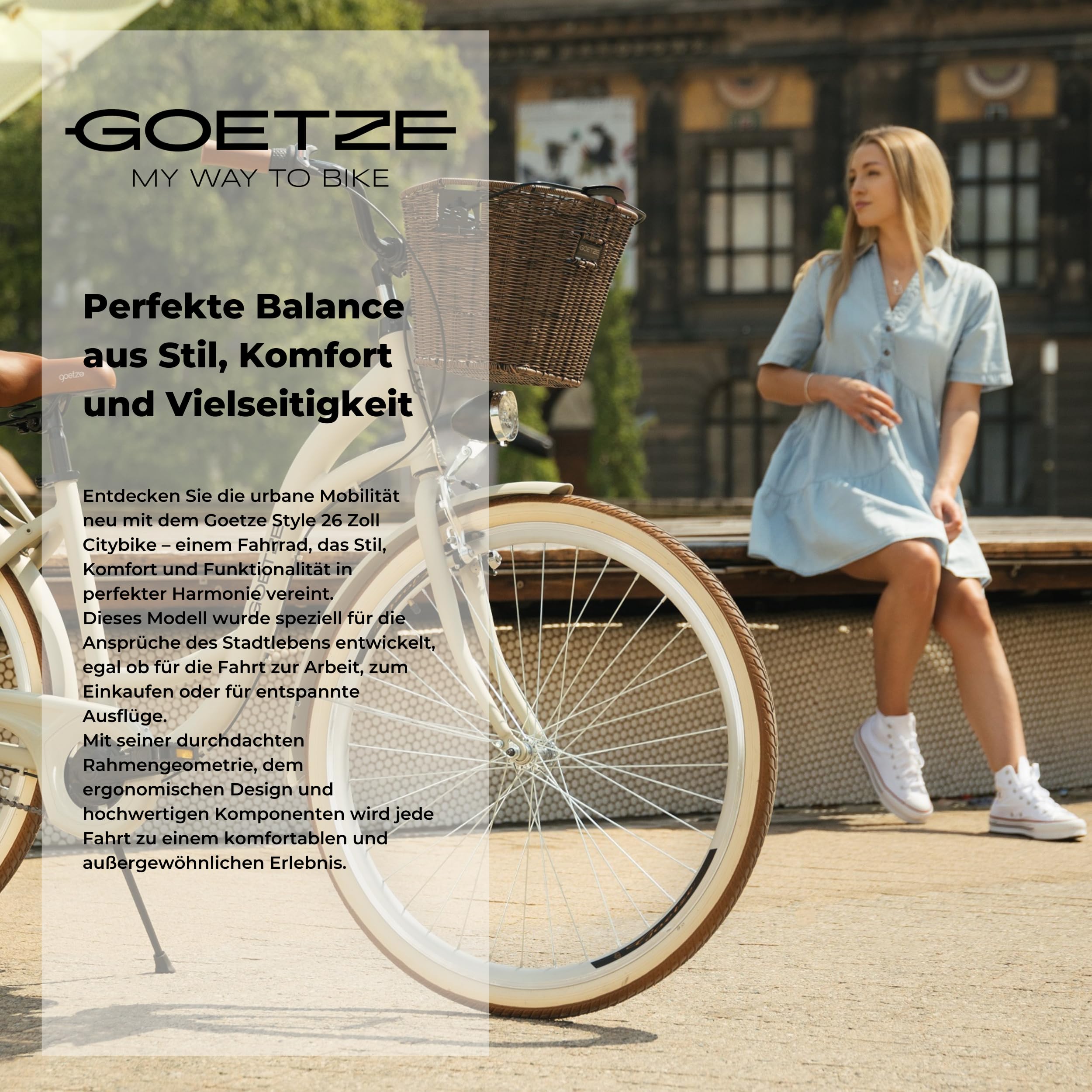 Goetze Style 26 Zoll Damen Citybike, 17 Zoll Tiefeinsteiger Rahmen, 1-Gang Rücktrittbremse, V-Bremse vorne, LED-Beleuchtung, Gepäckträger, Rattankorb, Komfortsattel, mit Ständer & Klingel