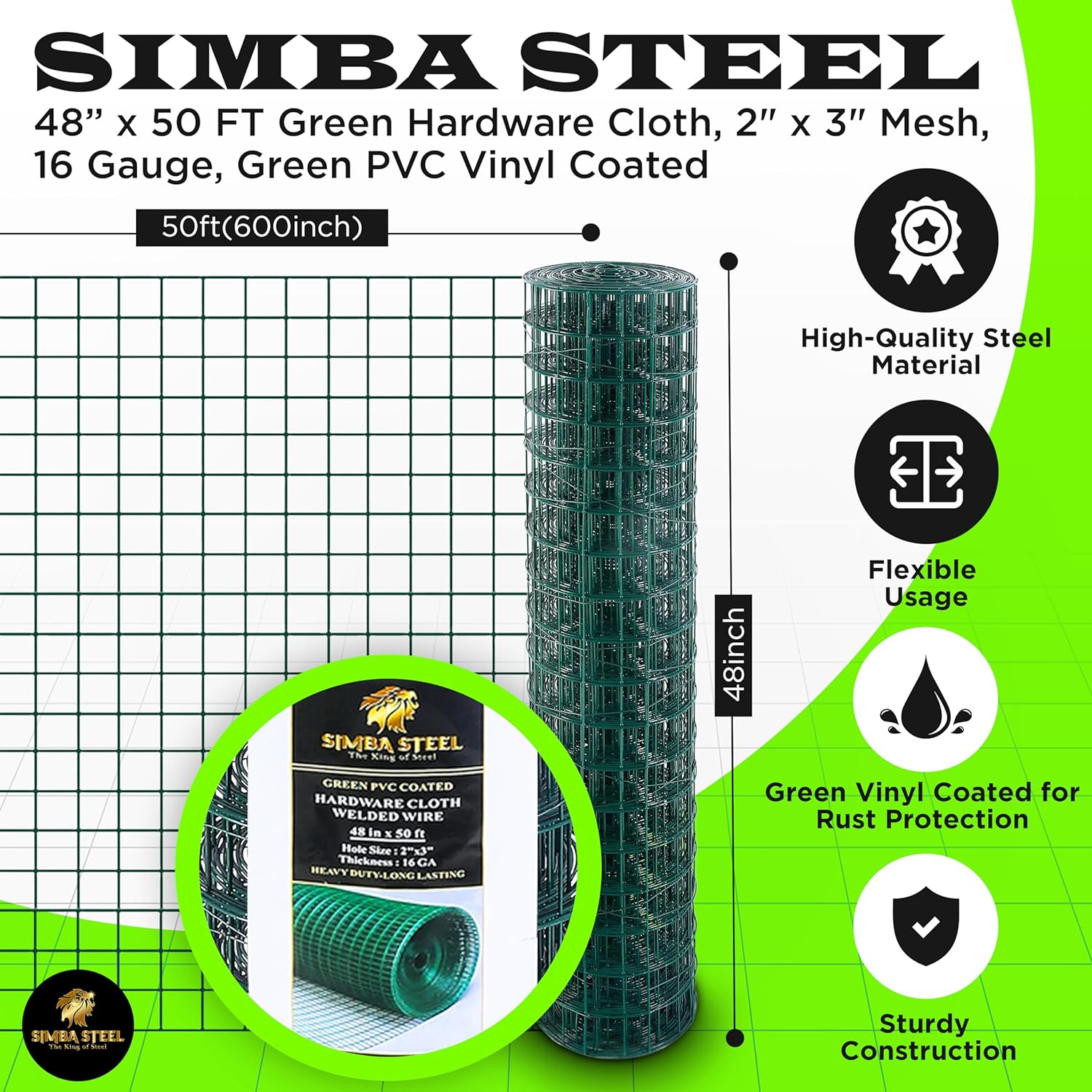 48” x 50 FT Green Hardware Cloth, 2" x 3" Mesh, 16 Gauge, Green PVC Vinyl Coated, Rust Proof, Welded Wire Mesh Roll for Garden, Fence, Chicken, Rabbit, Pet Enclosures