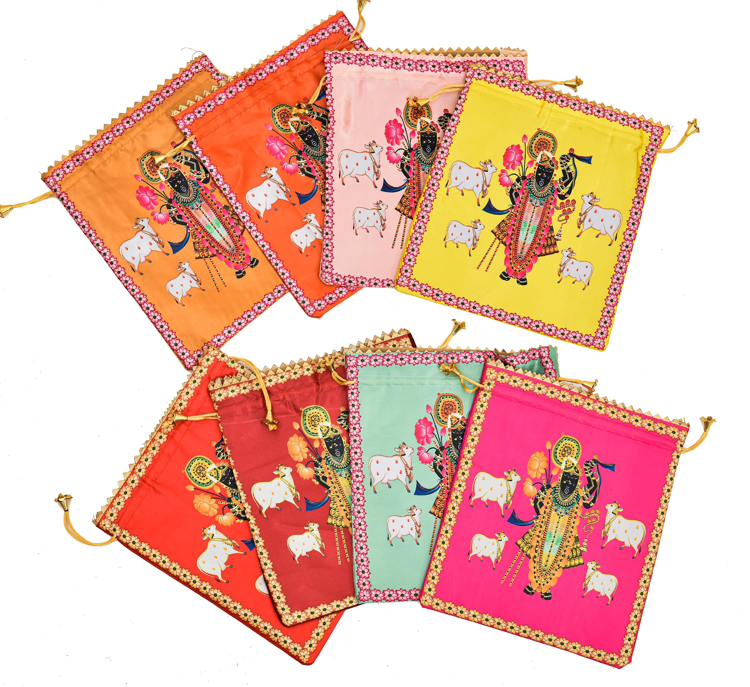 Sanvastar Shreenathji Printed Potli Bag Combo - Set of 8 Multicolored Pichwai Art Return Gift Bags, Auspicious Gifting for Pooja, Janmashtami & Festive Favors-image-35