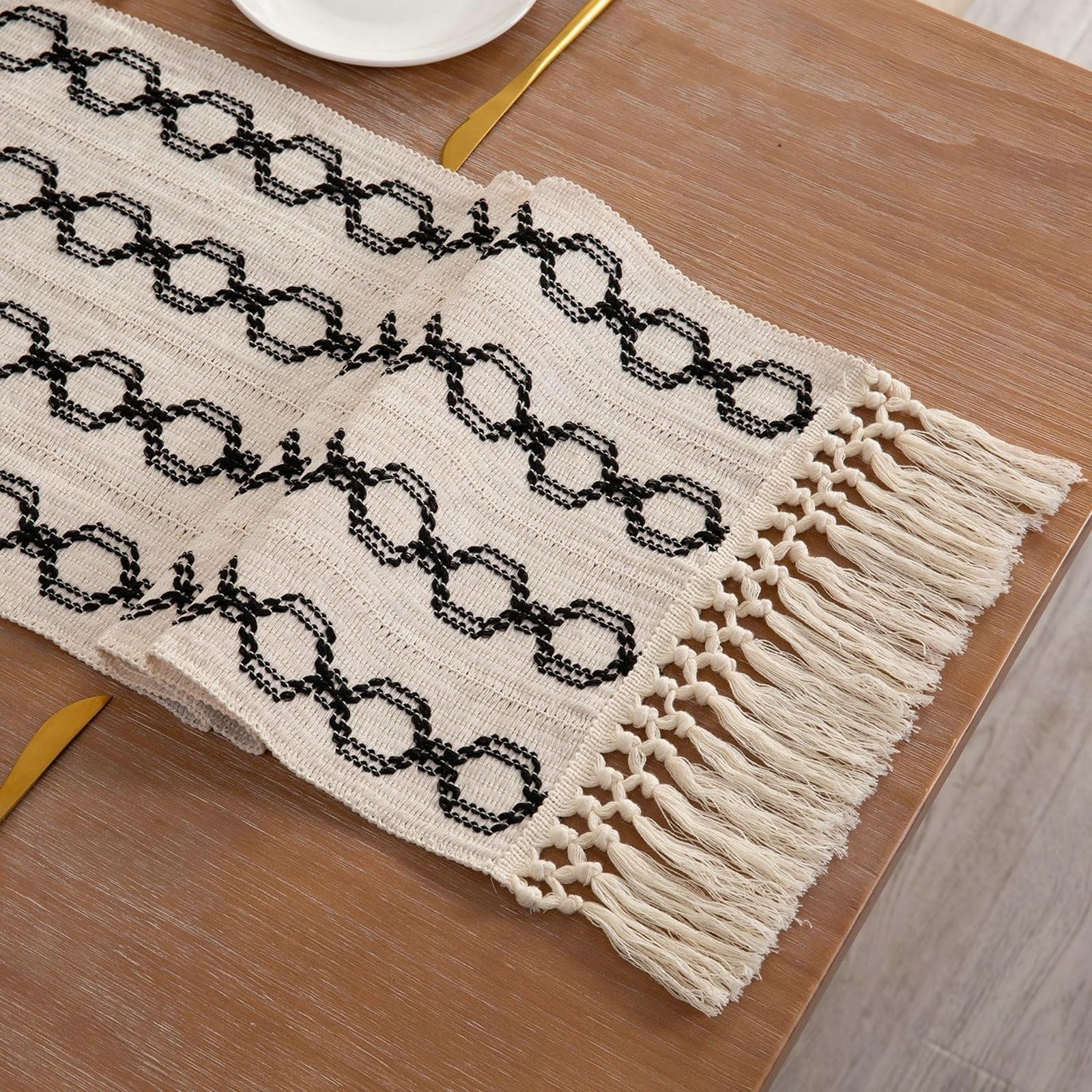 Tischläufer Modern Polybaumwolle, Tischläufer Wohnzimmer Deko 33x280 cm, Zweifarbig Gewebt mit Quasten