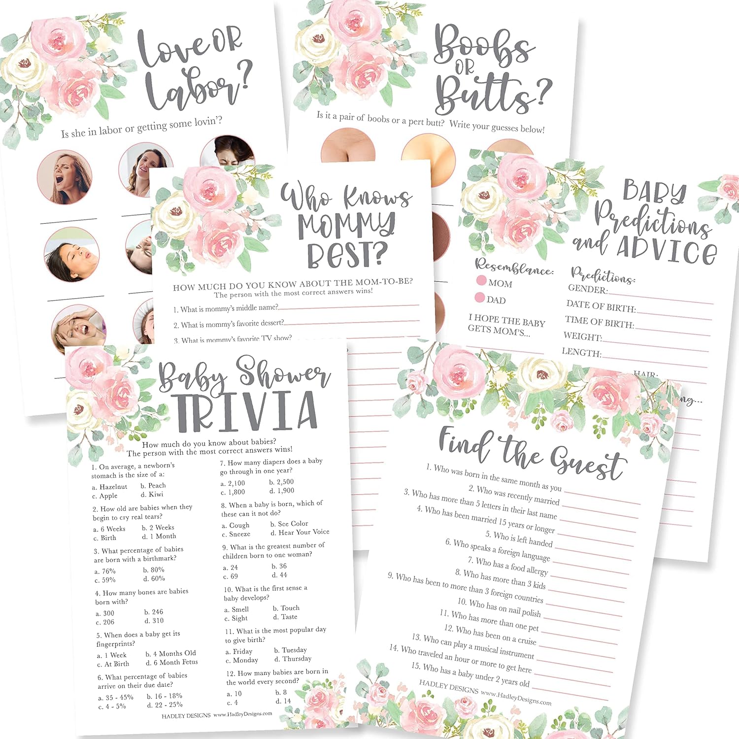 Hadley Designs - 25 Floral Trivia Game, 25 Find The Guest Game, 25 Love Or Labor Game, 25 Boobs Or Baby Butts, 25 Who Knows Mommy Best, 25 Baby Prediction Advice Cards - 6 Double Sided Cards