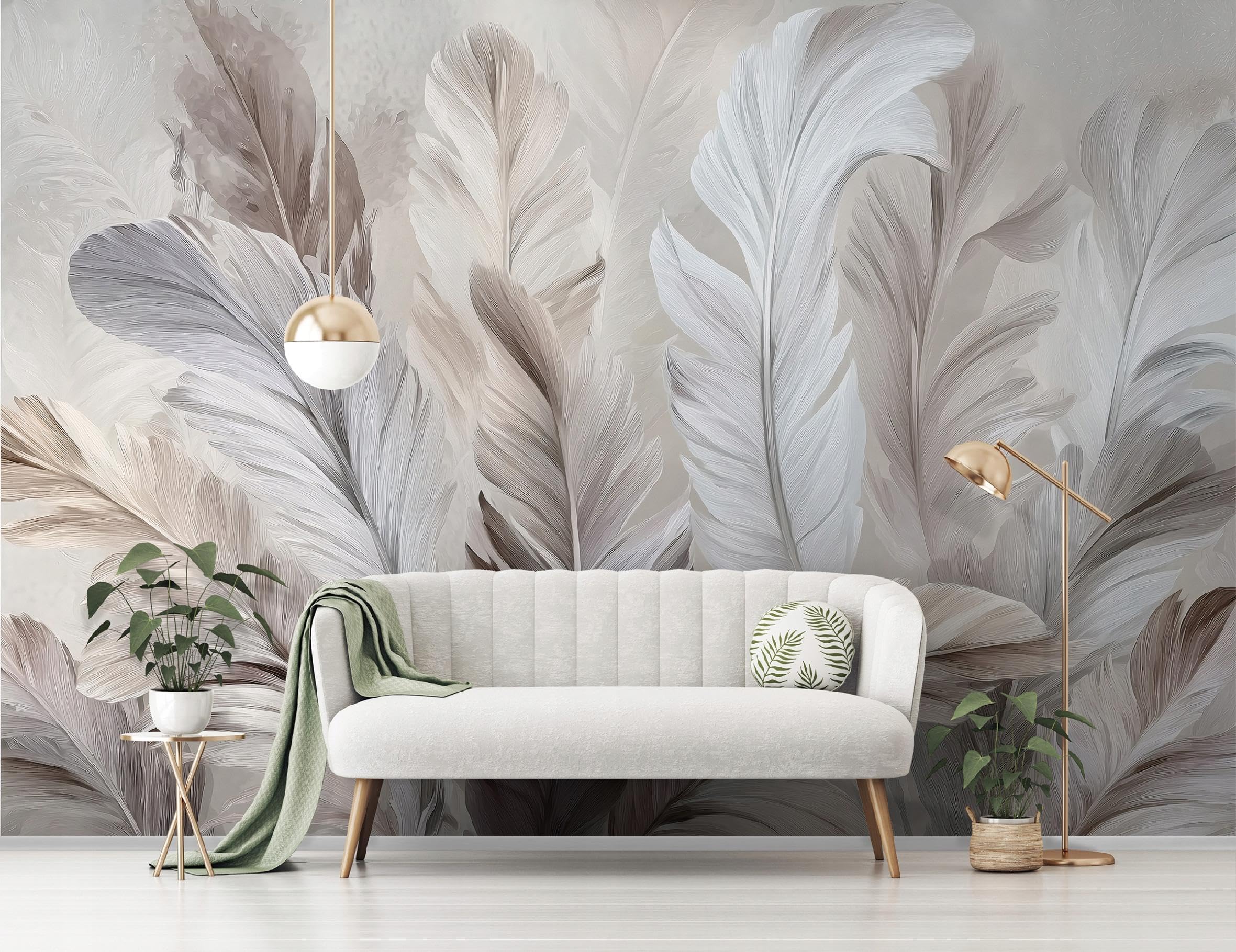 WallArena - Carta da parati fotografica - piume 400x280 cm - Murale fotografico - Per soggiorno e camera da letto - Effetto 3D - con Colla - Boho Beige Bianco