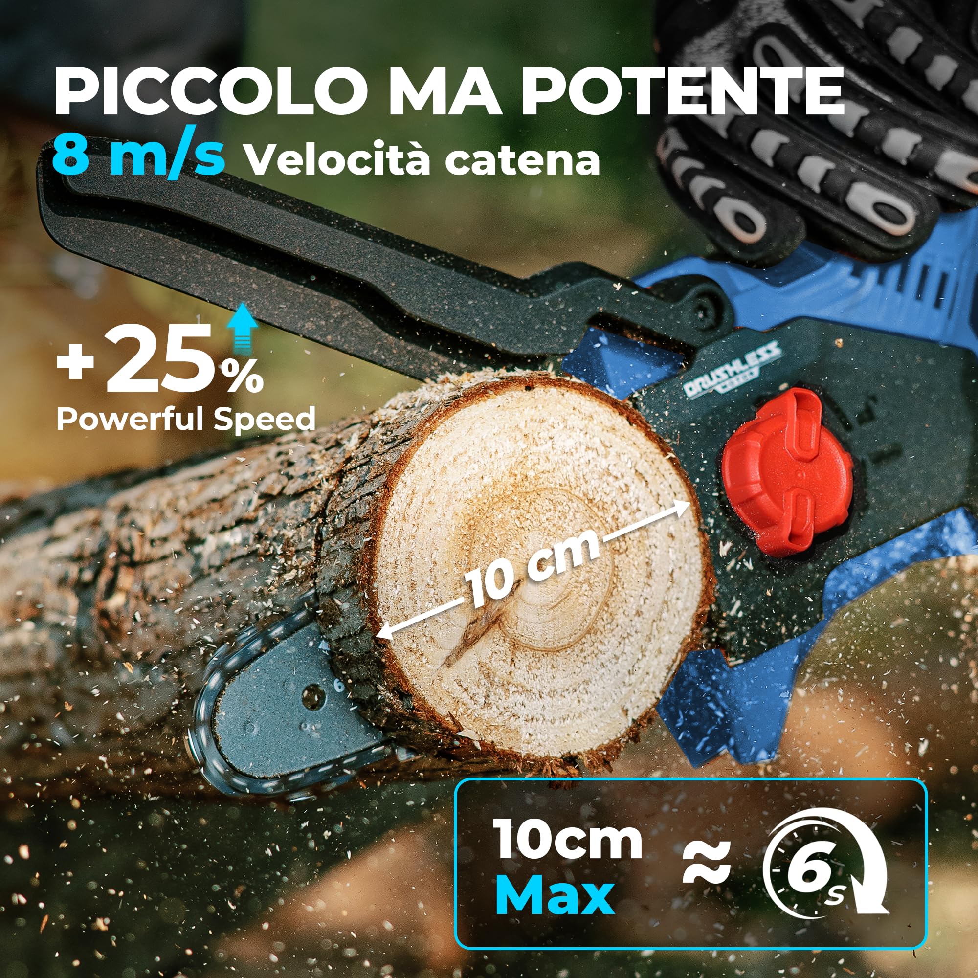 DongCheng Mini motosega a batteria per giardinieri e camperisti, motore brushless 750 W, 2 batterie 2000 mAh, 1,2 kg, mono mano, lama 15 cm, 8 m/s, tensionamento senza attrezzi e oliatore automatico