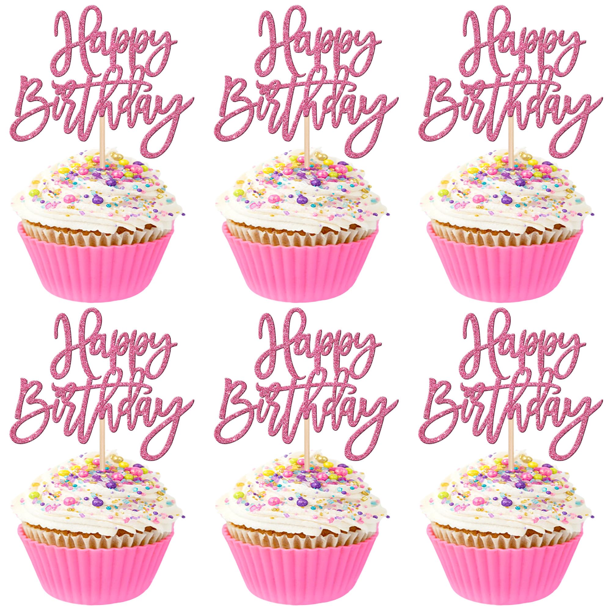 24 PCS Glitter Cupcake Toppers - Happy Birthday & Anniversary Picks - Pink