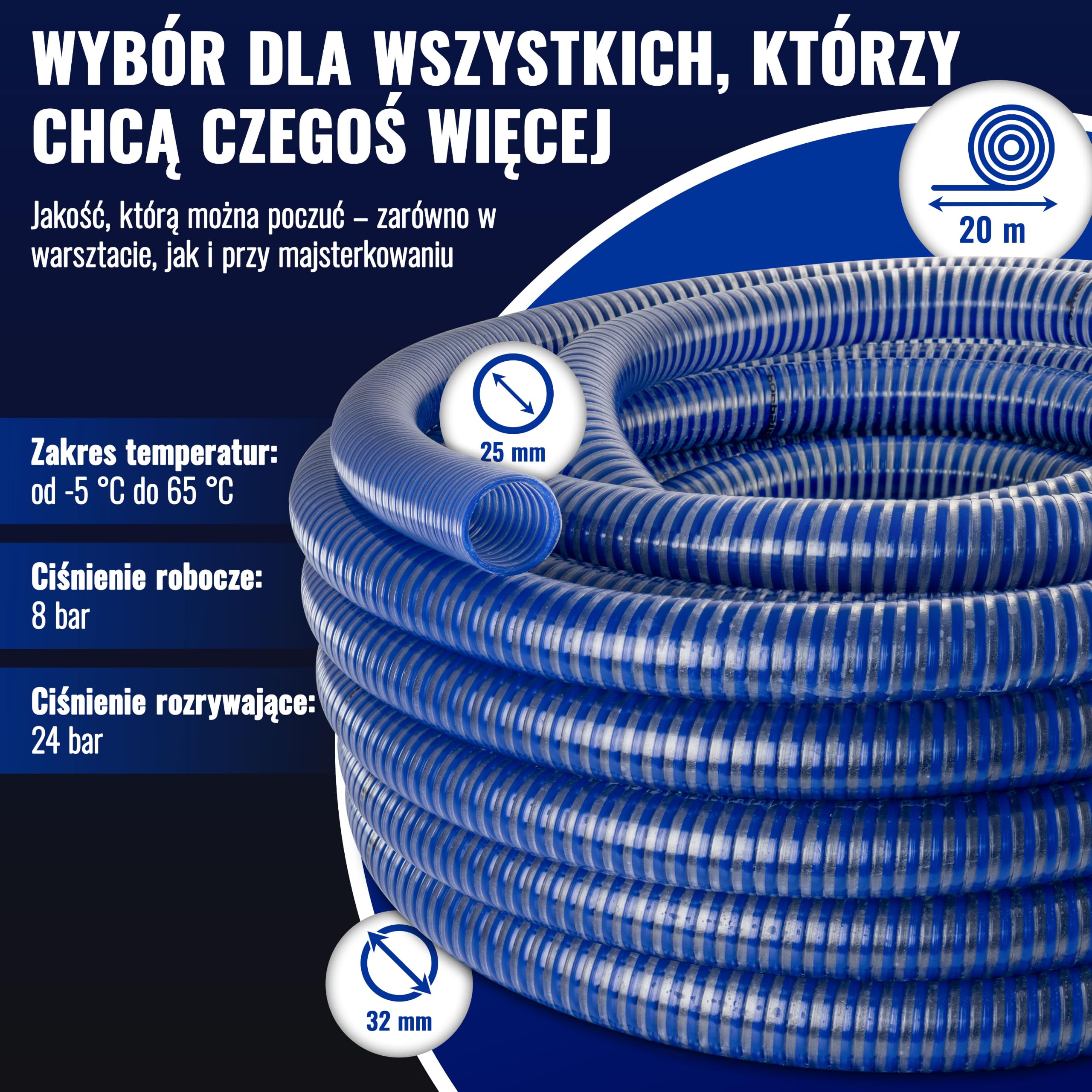 Poppstar ssący wąż spiralny PVC, o średnicy 1 cal (dł. 20 m, średnica wew. 25 mm/zew.32mm, maks. 8 bar) odporny na promienie UV, próżnię i ciśnienie
