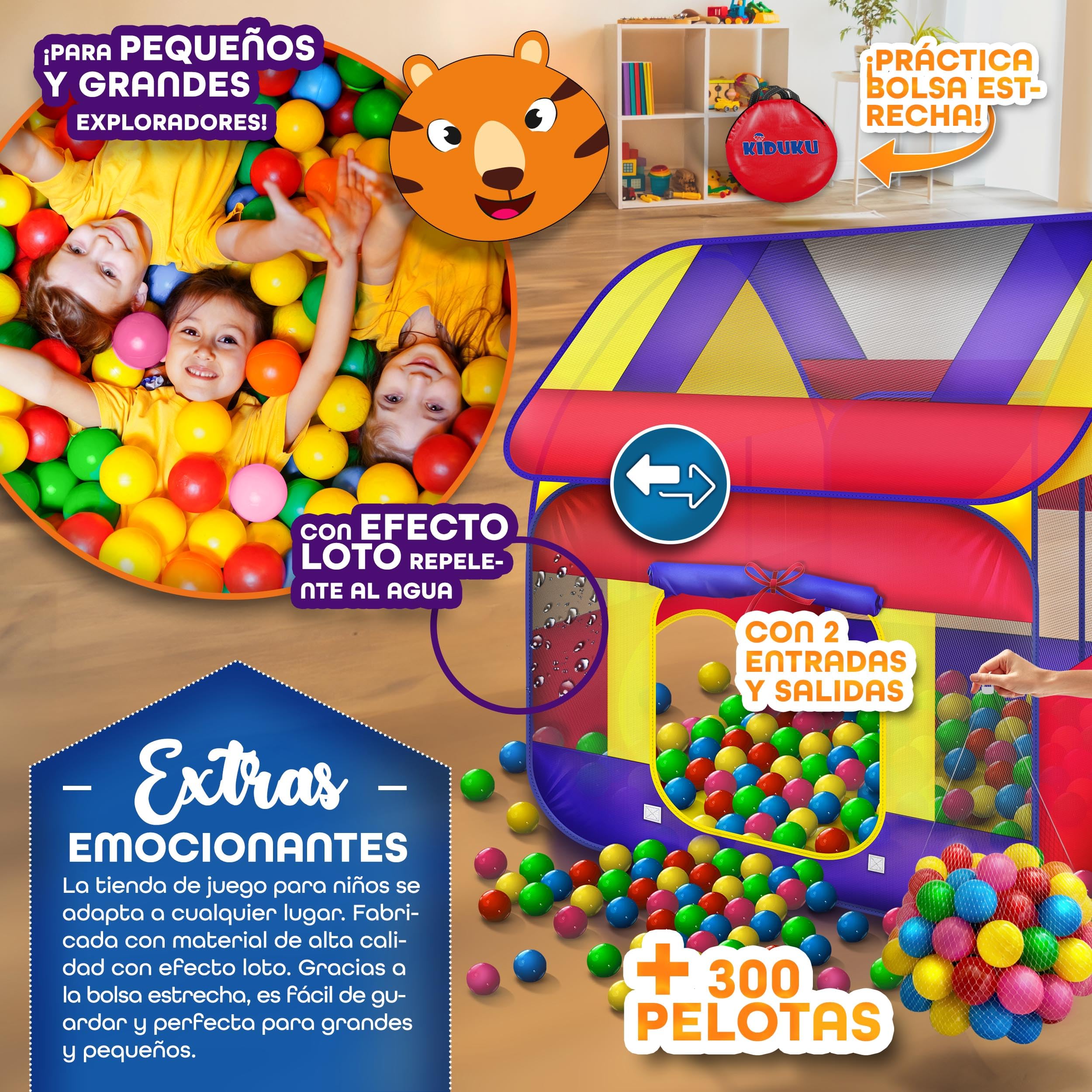 KIDUKU® Tienda de Juegos Infantil 300 Bolas | Piscina de Bolas | Carpa de Tela para Niños Pop Up + Bolsa para Transportar - Uso Interior y Exterior