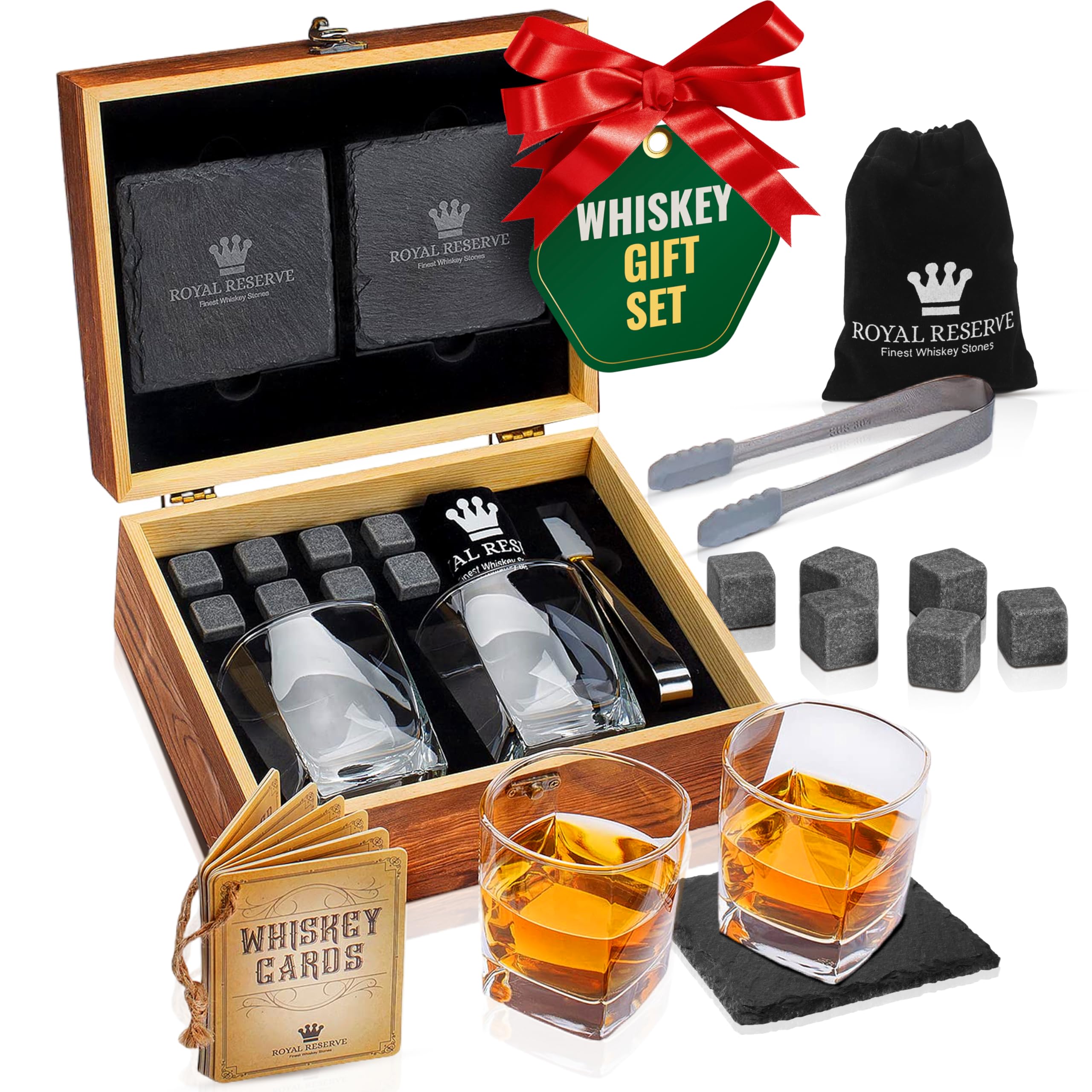 Whiskey Stones Gift Set by Royal Reserve, Artisan Crafted Scotch Bourbon Glasses, Chilling Rocks, Coasters and Tongs – Whiskey Gifts for Men Dad Boyfriend Anniversary or Retirement
