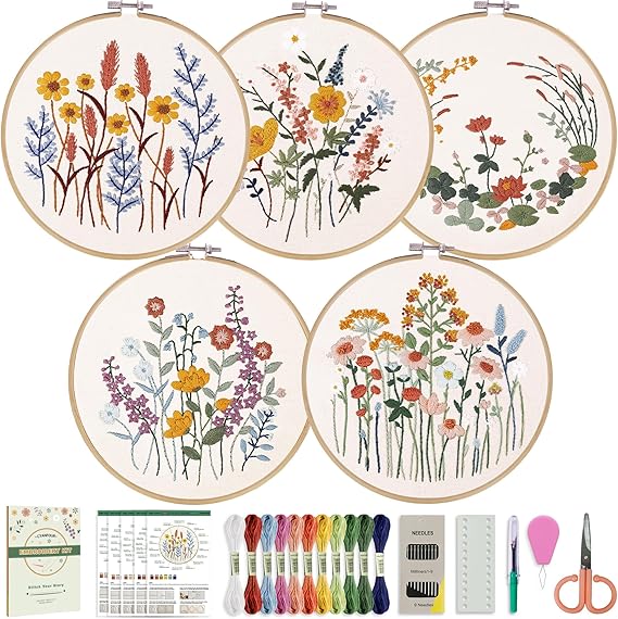 CYANFOUR 5 Pack Beginner Embroidery Kit for Adults, Easy to Learn Floral Embroidery Patterns from Video & Instruction, Needlepoint Kits for Adults Include Embroidery Hoop, Colorful Threads, Tools