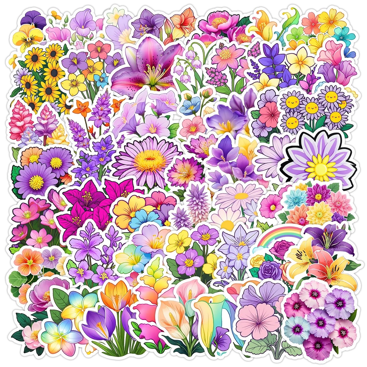 50 Pcs Lovely Flowers Stickers for Kids Teens Adults Boys Girls Gift,Cute Flowers Stickers Pack for Laptop,Skateboard,Luggage,Car,Bike,Cup,Computer,Water Bottle Decor,Vinyl Waterproof Stickers