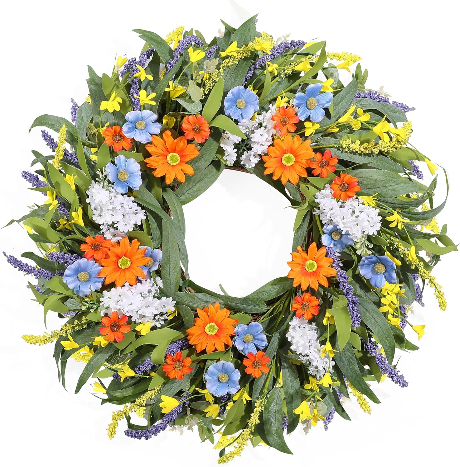 Spring Wreath for Front Door 24 Inch, Summer Floral Wreaths with Artificial Daisy and Lavender for All Season Home Decor Easter Indoor Outdoor Wall Home Celebrations