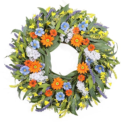 Spring Wreath for Front Door 24 Inch, Summer Floral Wreaths