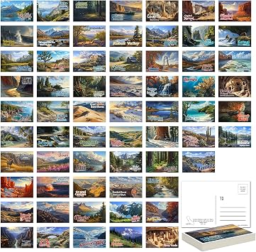 SHOXREM Retro National Parks Postcard Set Vintage Travel Collage Collection Wall Decoration - Photorealistic Painting Print Illustrations of 63 National Parks, 6" W x 4" H