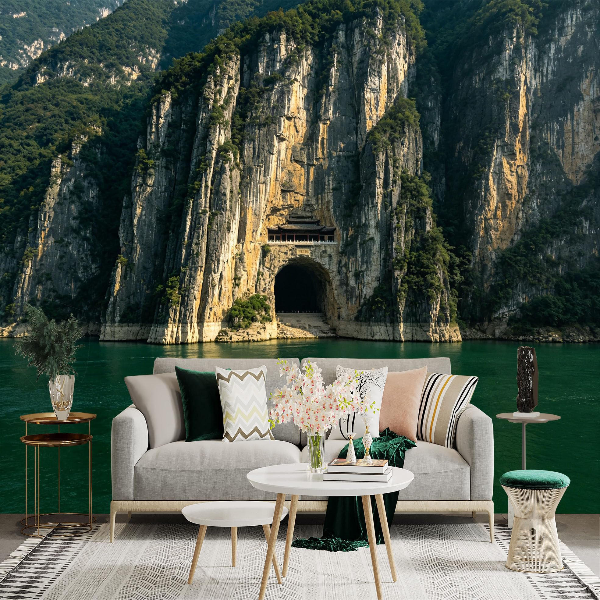 Lnzczhyre Dbh260521611 Custom Size Wall Sticker Mural， Ancient Chinese Pavilion In Cave， Majestic Mountain Cliff， Tranquil River Scenery， For Wall Decoration， Peelandstick Wall Decals.