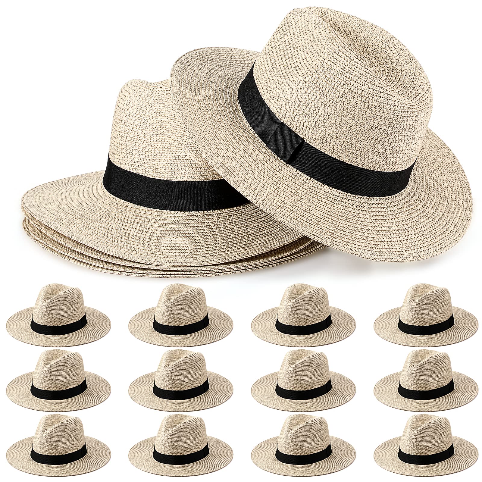 12 sombreros de paja Panamá enrollables, sombrero de ala ancha, sombreros de sol para mujer, verano, playa, viajes, fiesta, disfraz (beige)