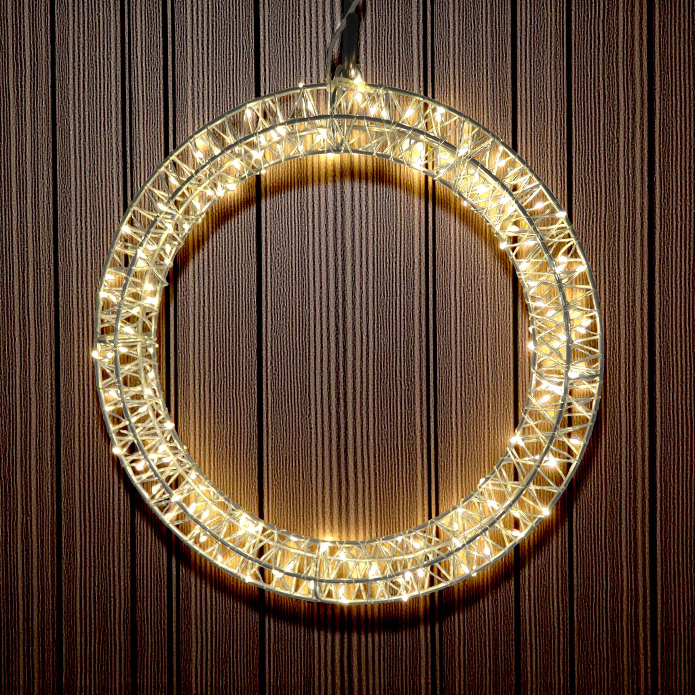 Metall Lichtkranz Silber 30 cm warm weiß mit Timer - 150 LED - Weihnachtsdeko Hängekranz für Innen batteriebetrieben