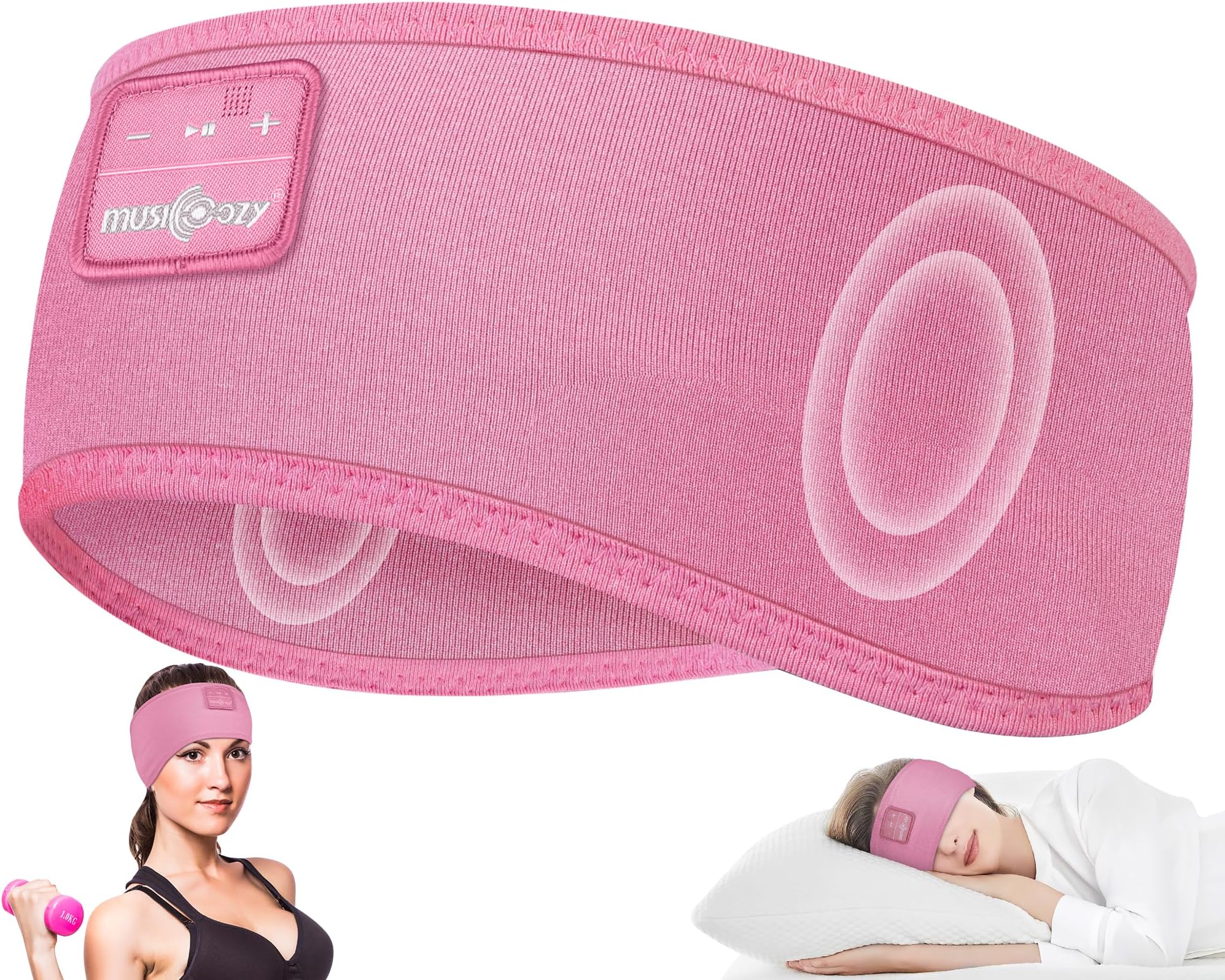 MUSICOZY - Bluetooth 5.4 Wireless Headband for Side Sleeper with Ultra Thin HD Stereo Speaker for Workout (Pink)