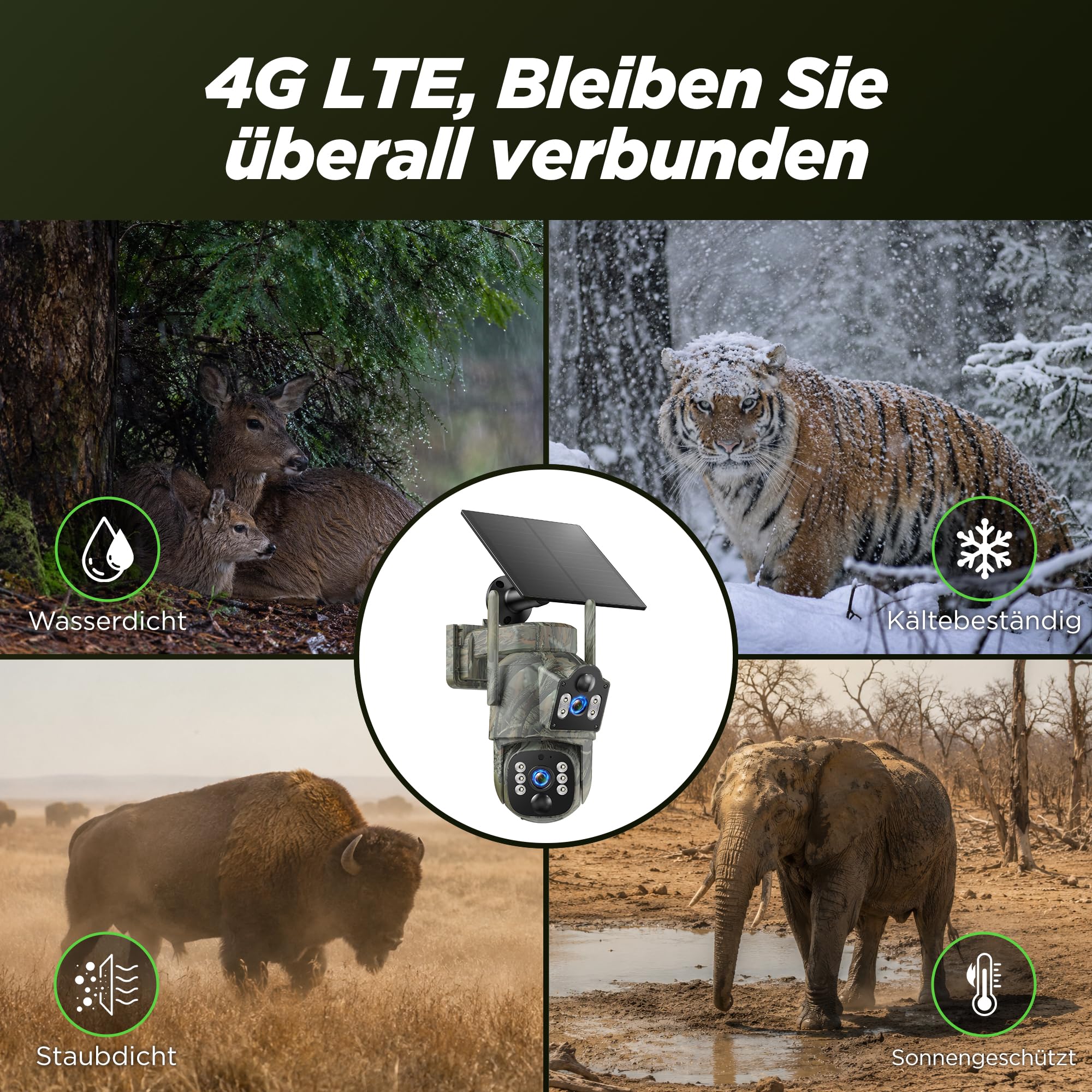 VOOPEAK 4G LTE Wildkamera mit SIM-Karte, Dual-Objektiv, 2K Livebild, Solar