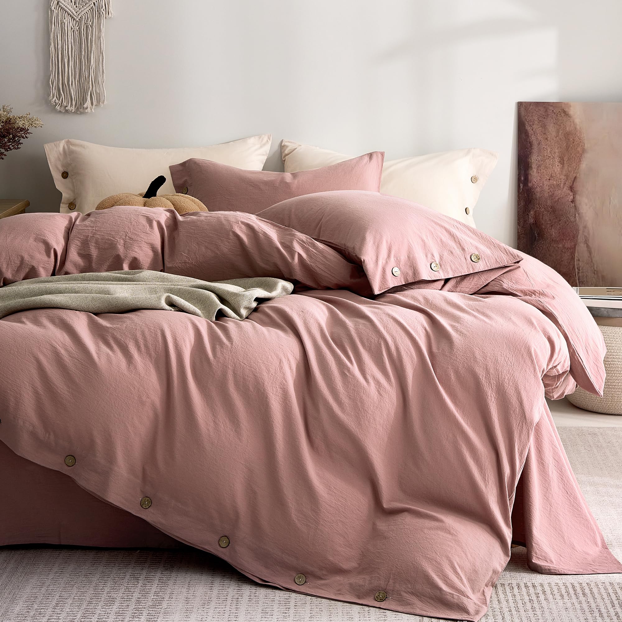 JELLYMONI 100% Washed Cotton Darker Rose Duvet Cover Twin, Linen-Like