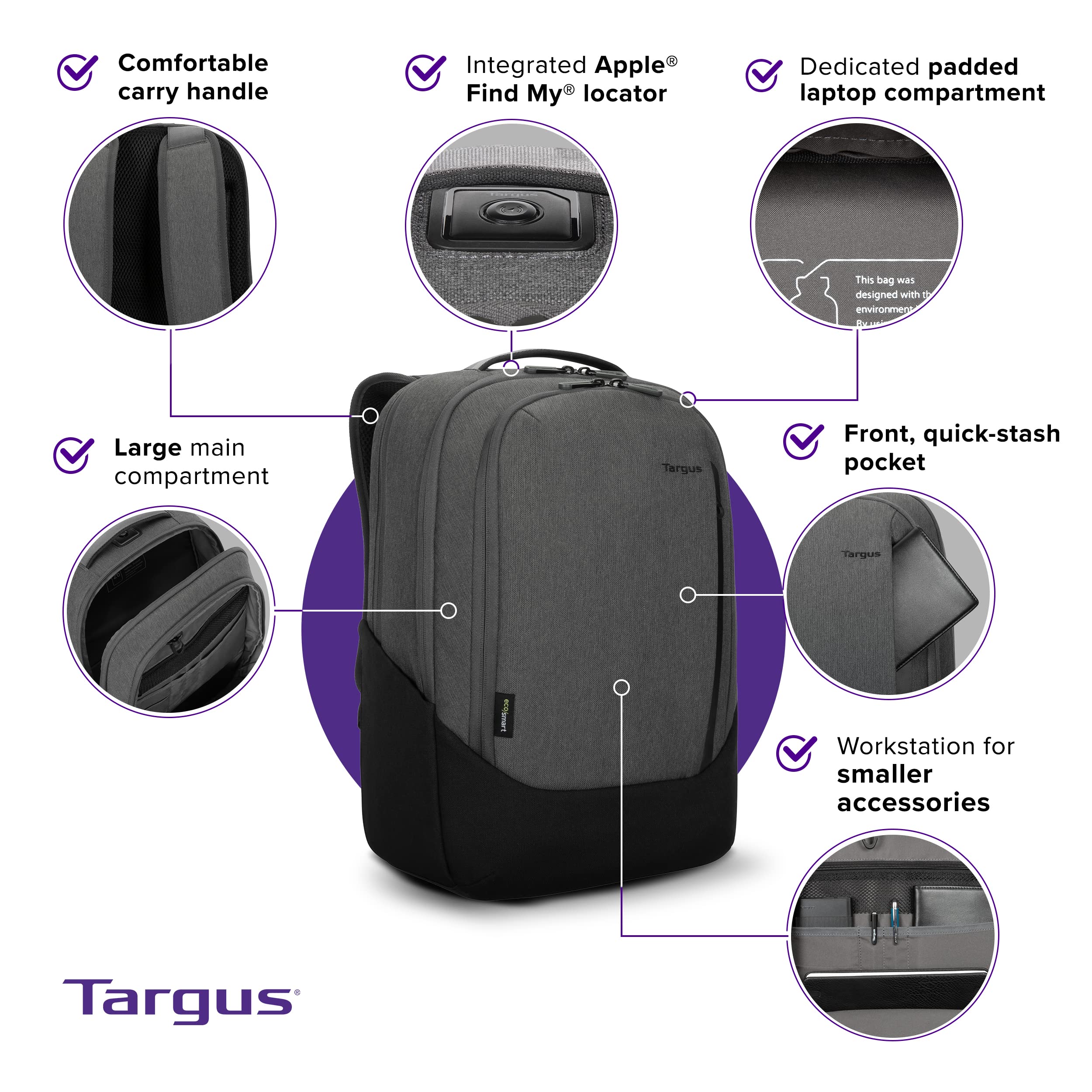 Targus Cypress Find My Backpack – 22L, Fits 15.6" Laptop, Made From Recycled Bottles | Apple Find My Compatible (TBB94104GL)