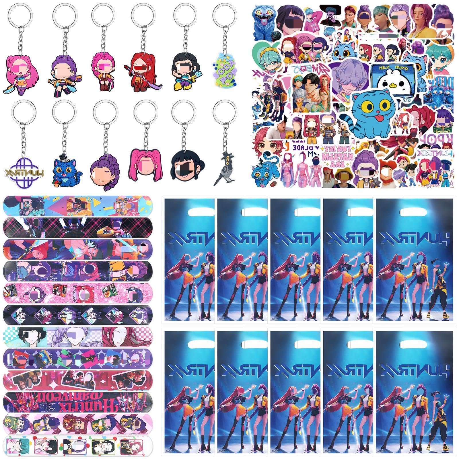 Ainvliya 103PCS Kpop Party Bag Fillers, Demon Party Bags Favours Set with Keychains Slap Band Stickers Gift Bags, Birthday Party Supplies Decorations for Boys Girls Fans