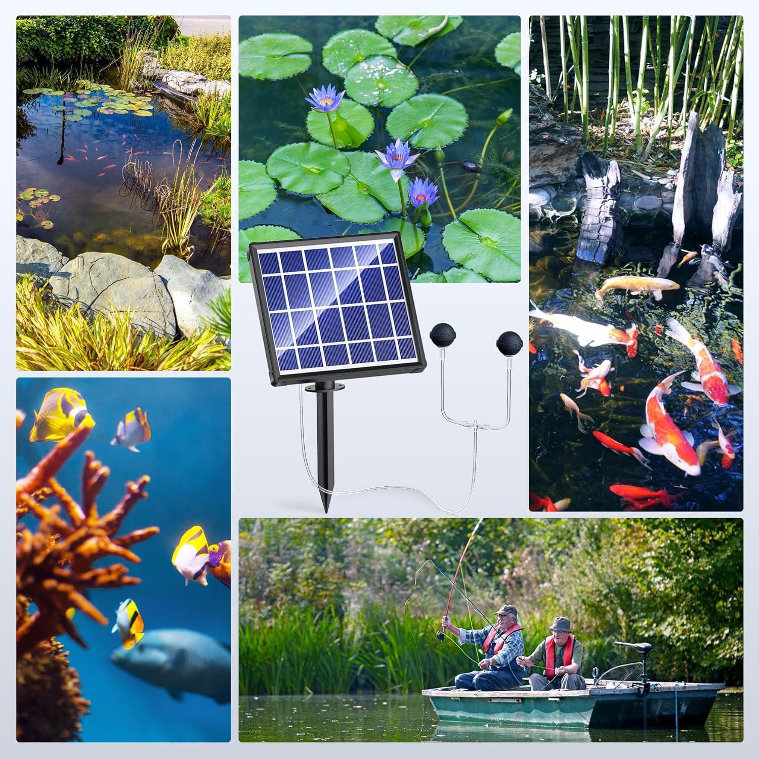 NFESOLAR Solar Pond Aerator with Battery Backup, 3 Modes, 2 Air Stones, Solar Air Pump for Outdoor Garden Small Pond Stock Tank Hydroponics Wildlife