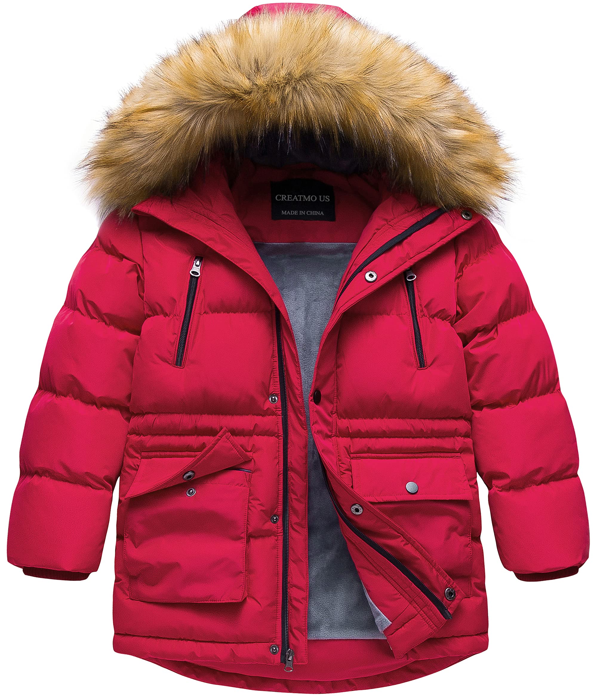 CREATMO US Boy's Winter Parka Water Resistant Hooded Puffer Fleece Lined Jackets Coats