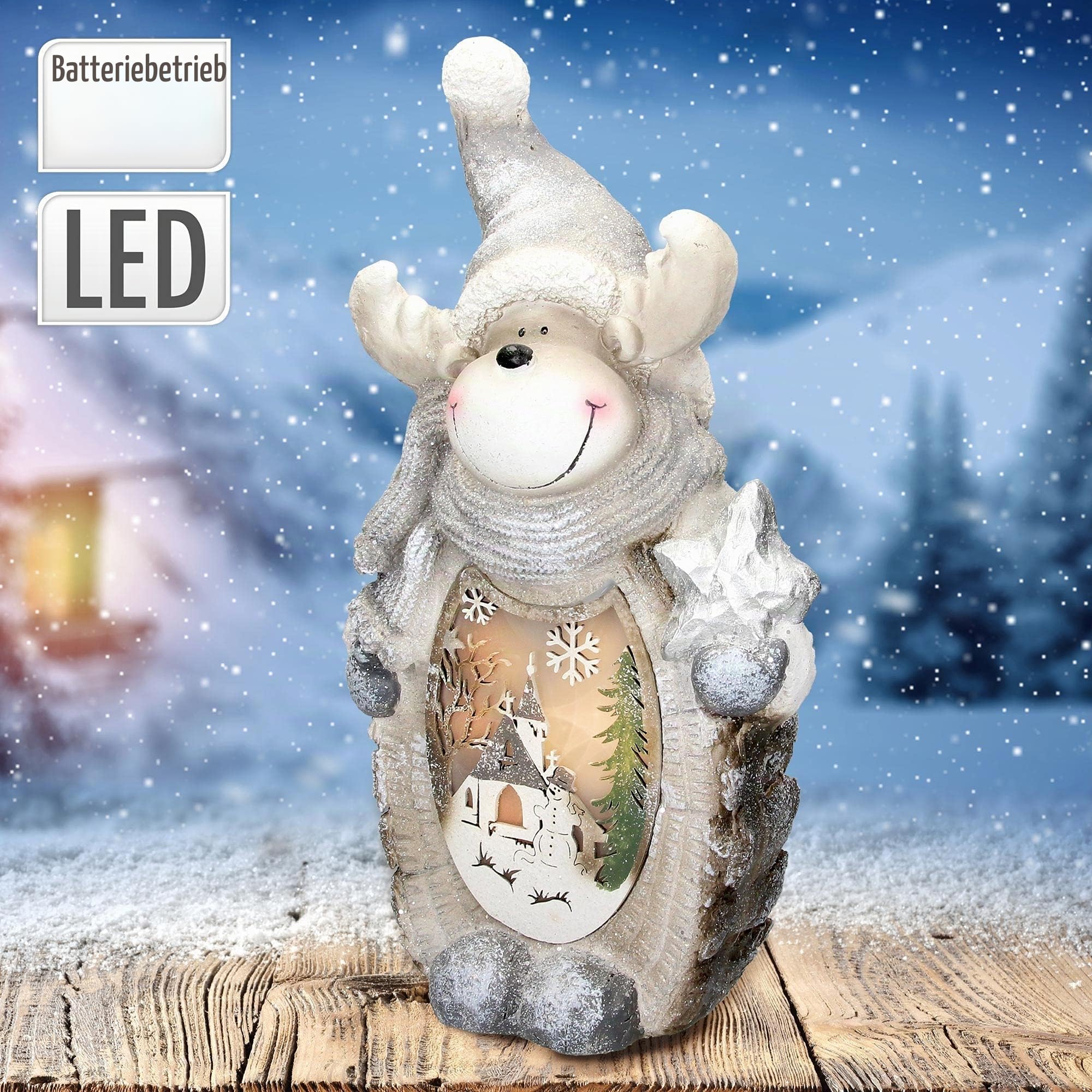 ECD Germany Rentier Figur mit LED Beleuchtung 51 cm Warmweiß Weiß mit grauem Hut und Schal, Holzoptik, Batteriebetrieben, für Innen, LED-Weihnachtsdeko Weihnachtsfigur Weihnachten Tischdeko