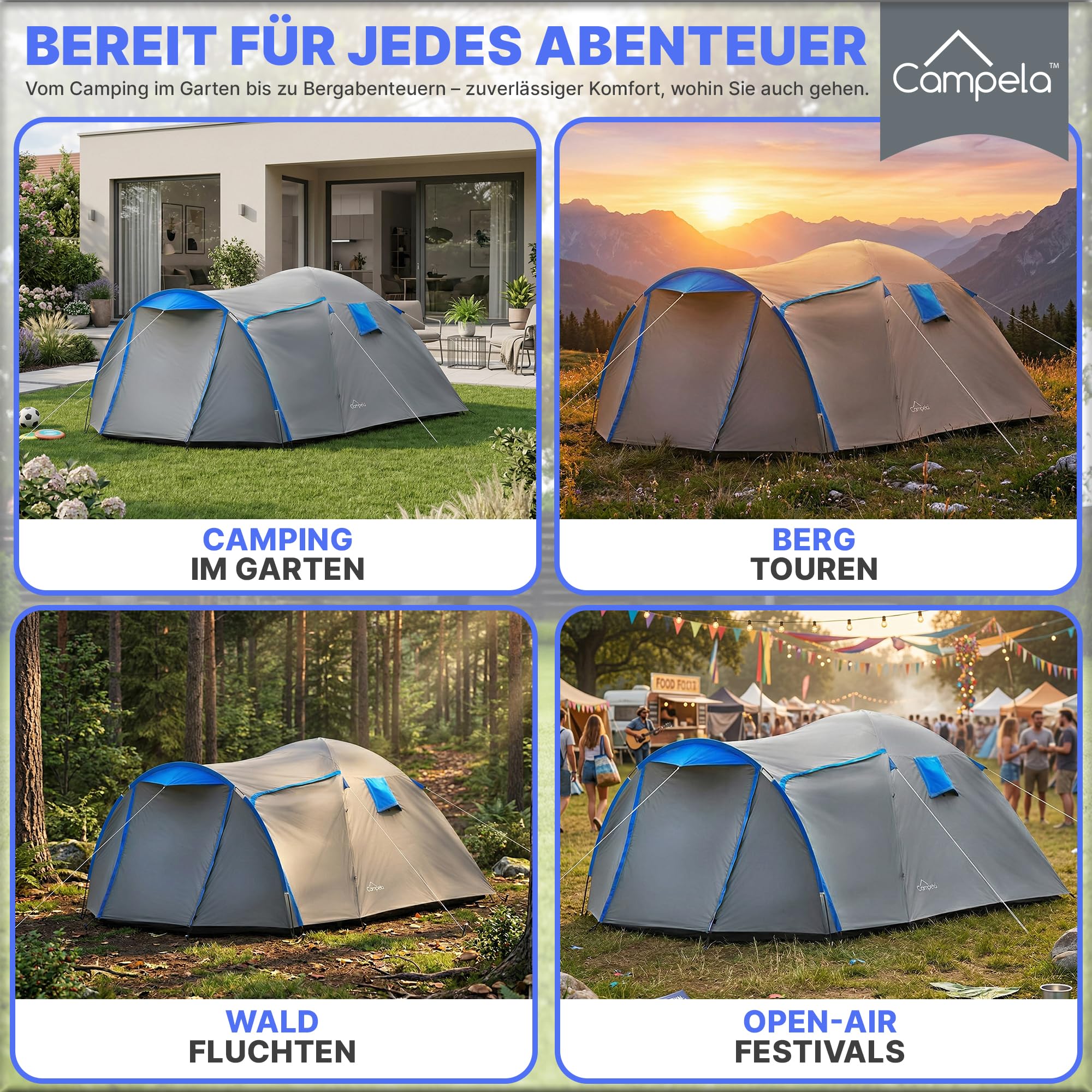 Touristenzelt, Familienzelt, Tropical, für 3-4 Personen, wasserdicht 3000m, geklebte Nähte, CA0013