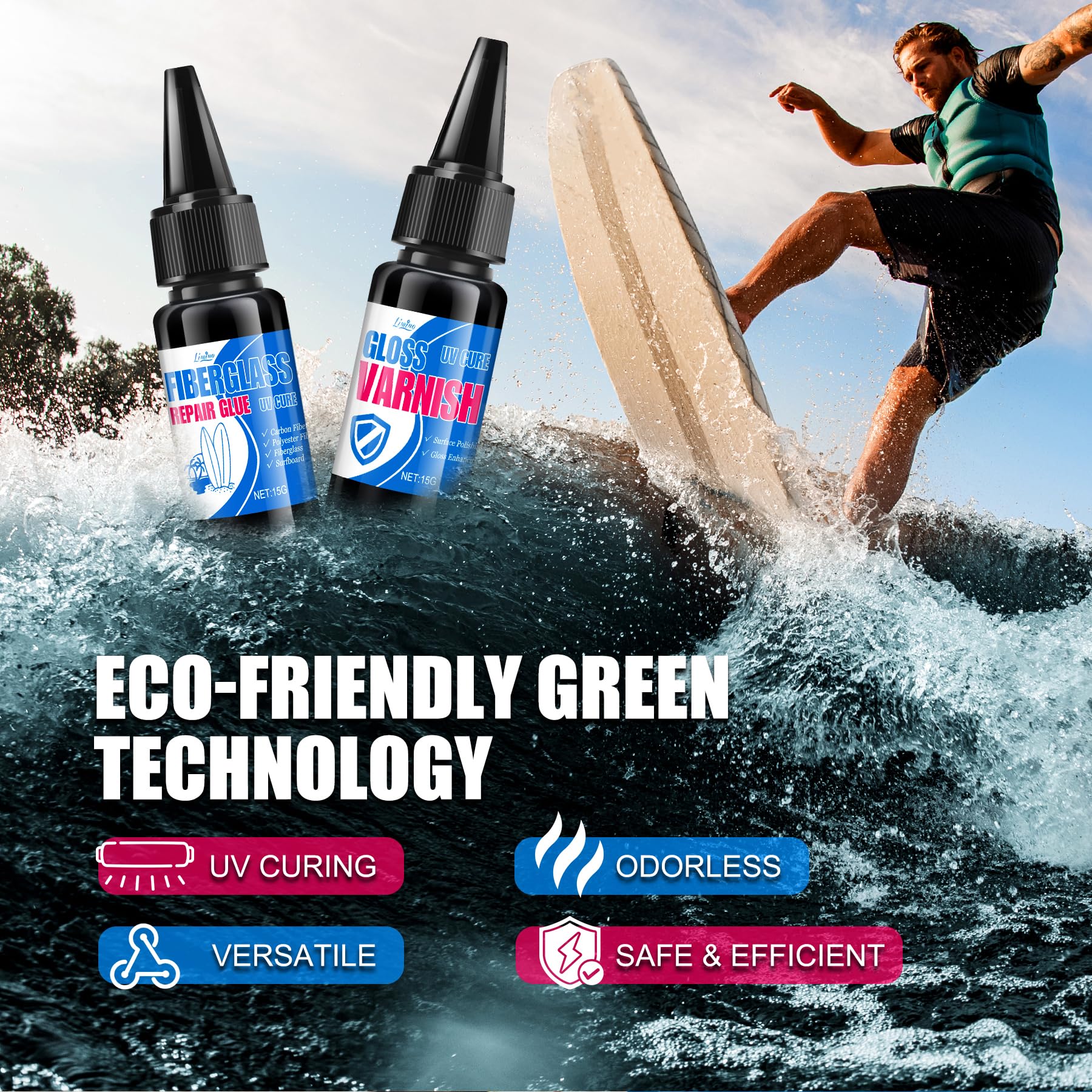 Surfboard Repair Kit - Fiberglass Repair Kit, Single Component UV Resin Repair Glue with UV Light, Gloss Varnish, Quickly Repair Scratches, Holes, and Gaps in Fiberglass, Surfboard, Carbon Fiber - 4