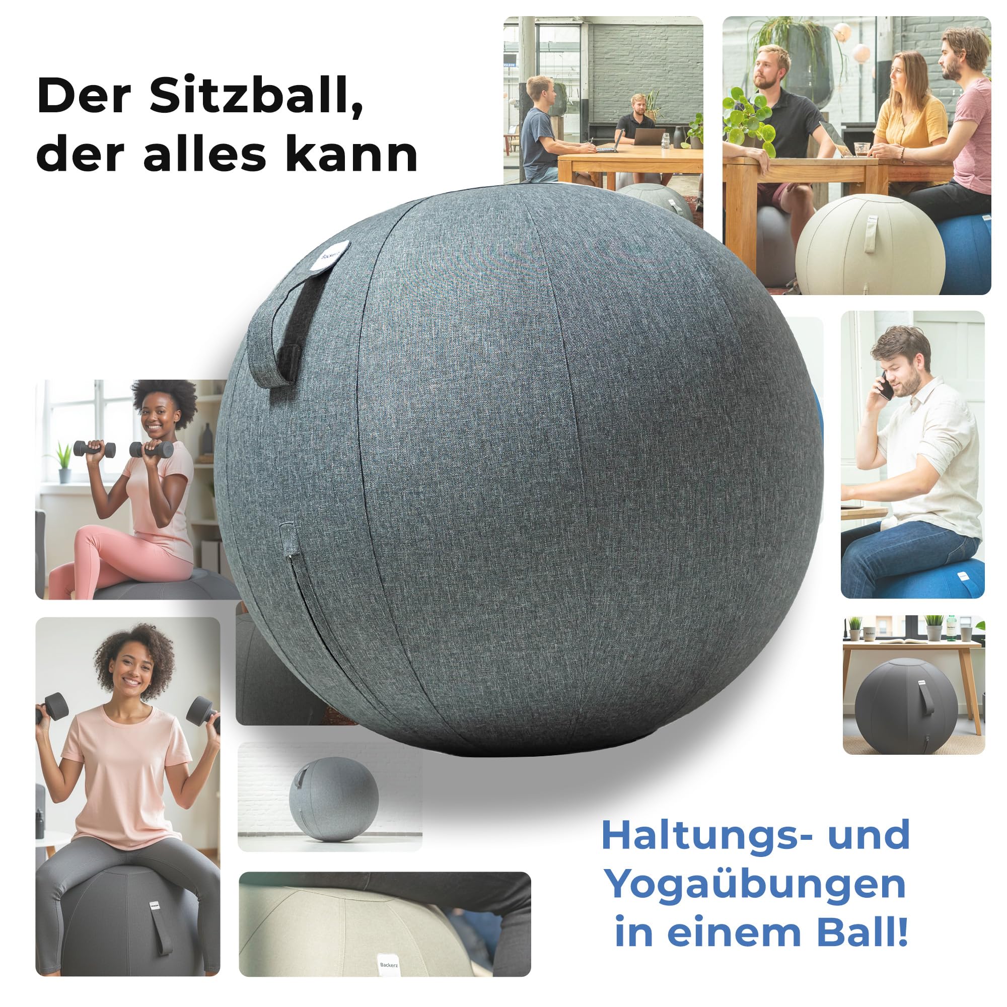 Backerz Sitzball 75 cm - Ergonomische Sitzmöbel für Büro und Heimbüro - Langlebiger Stoff, Gymnastikball - Fitness-Ball, Ballstuhl mit Ballauflage - Waschbarer Leinenbezug - Dunkelgrau