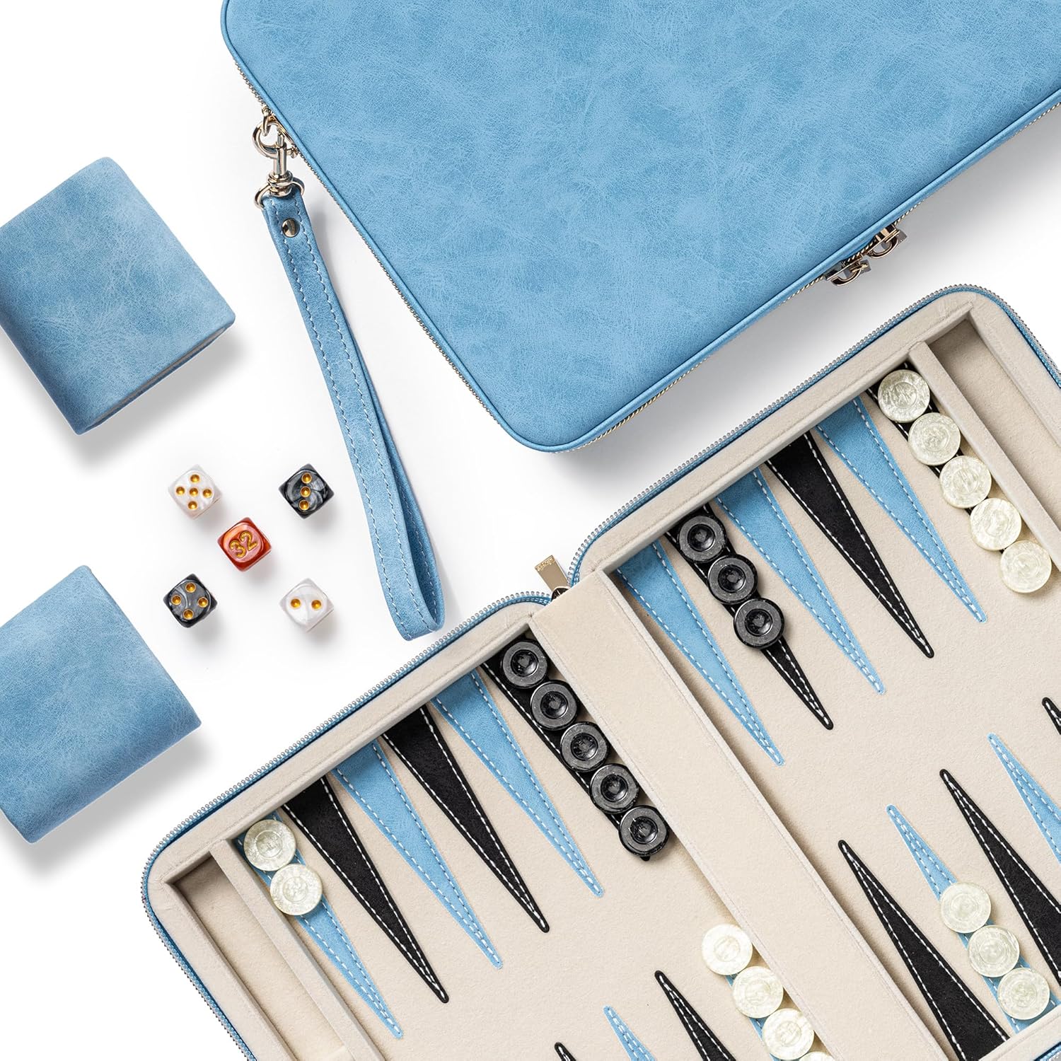 Backgammon Sets for Adults, Classic Board Game with Folding Faux Leather Backgammon Case, Portable Travel Backgammon Game Set (Blue)